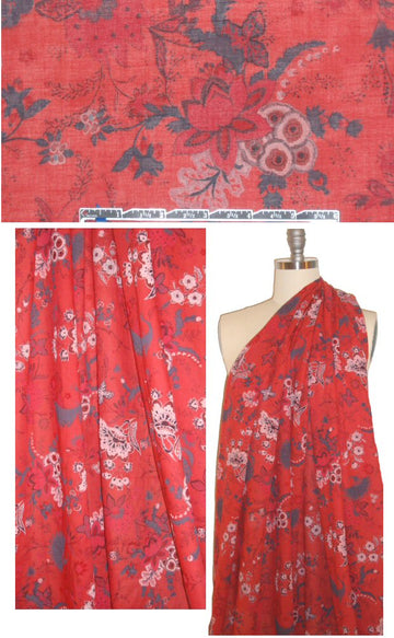 French digital cotton voile - red/gray floral .75 yds