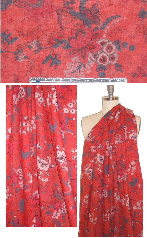 French digital cotton voile - red/gray floral 2 yd
