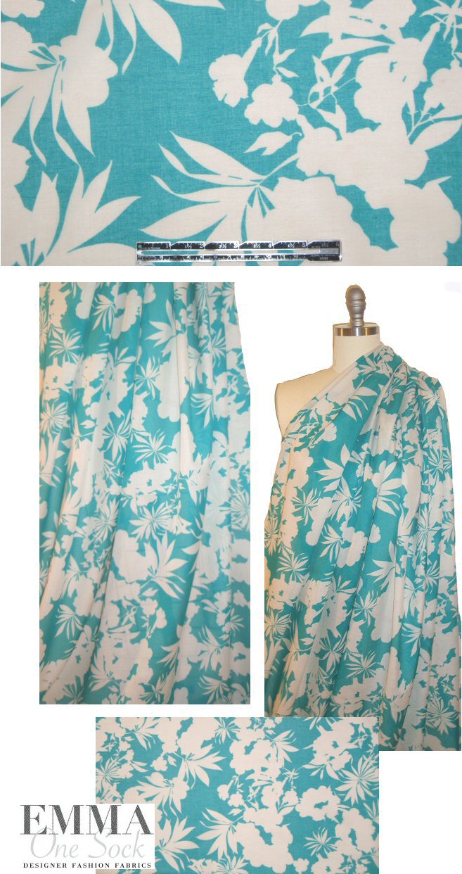 Italian teal/ivory silhouette floral cotton voile
