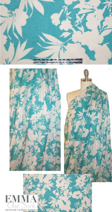 Italian teal/ivory silhouette floral cotton voile