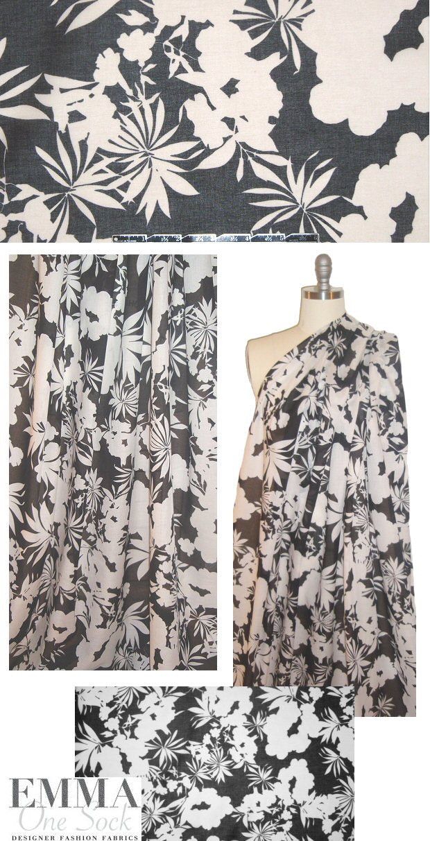 Italian black/ivory silhouette floral cotton voile .75 yds