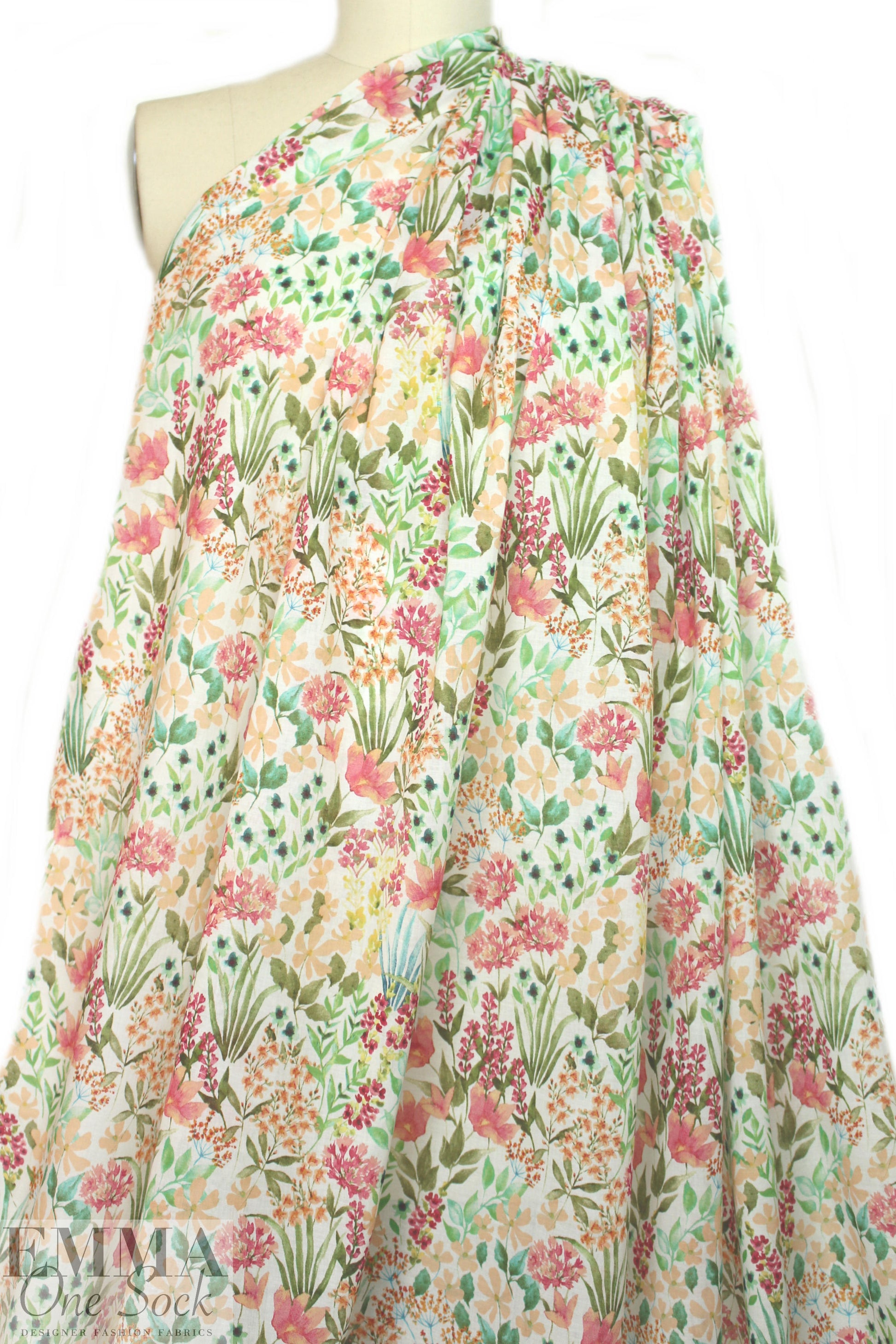 Italian backyard garden on white cotton voile