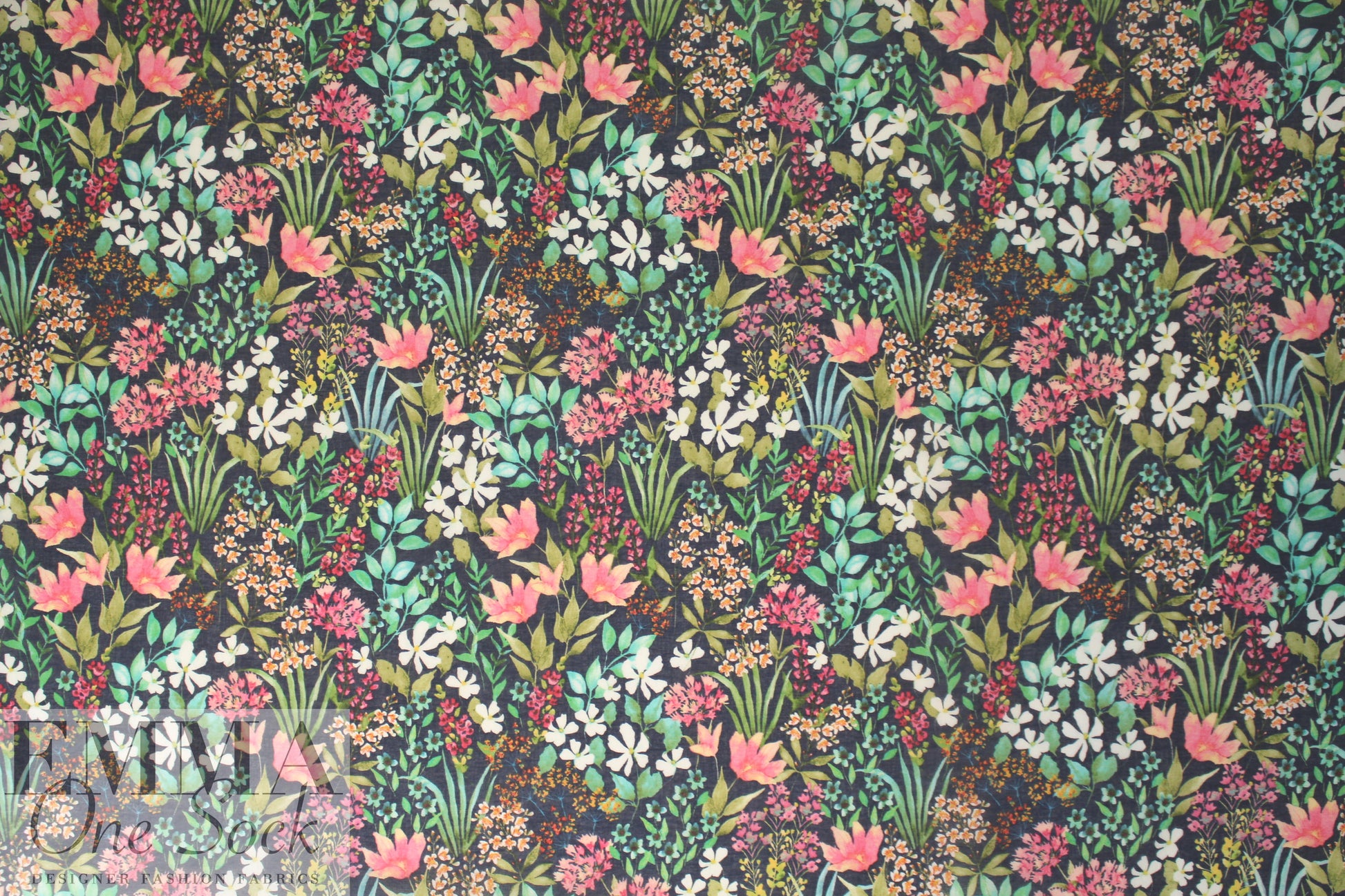 Italian backyard garden on navy cotton voile