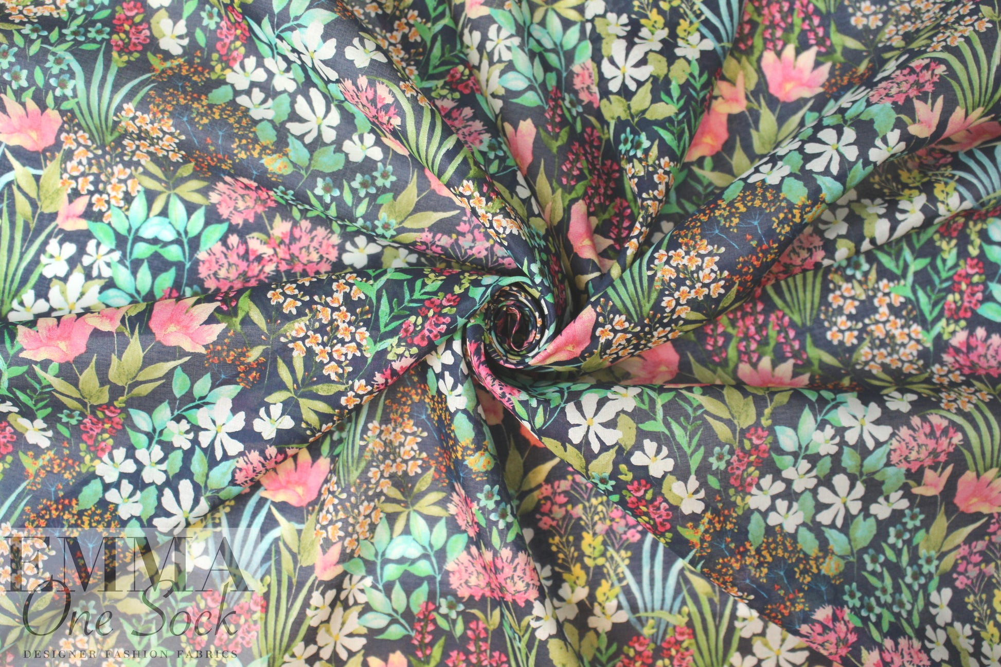 Italian backyard garden on navy cotton voile