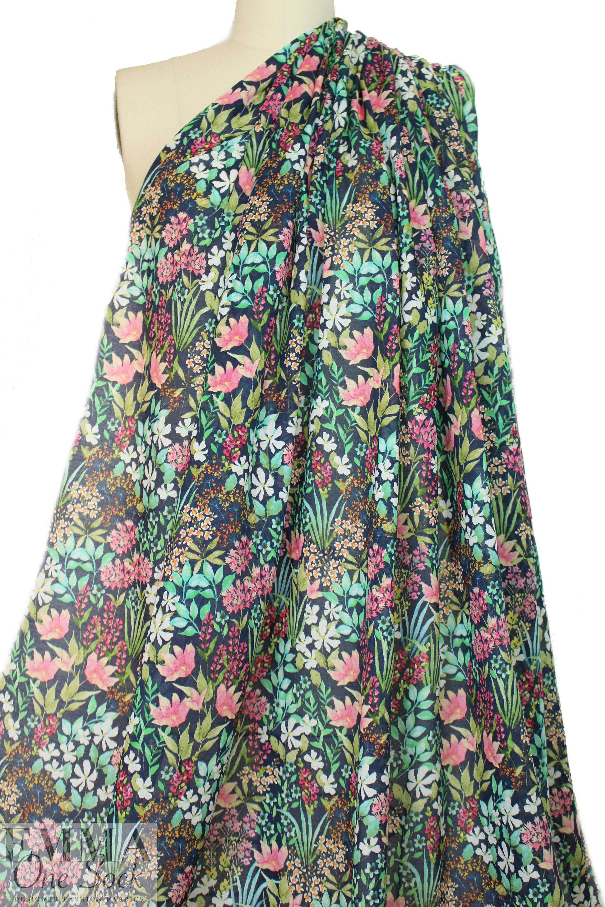 Italian backyard garden on navy cotton voile 1.5 yd