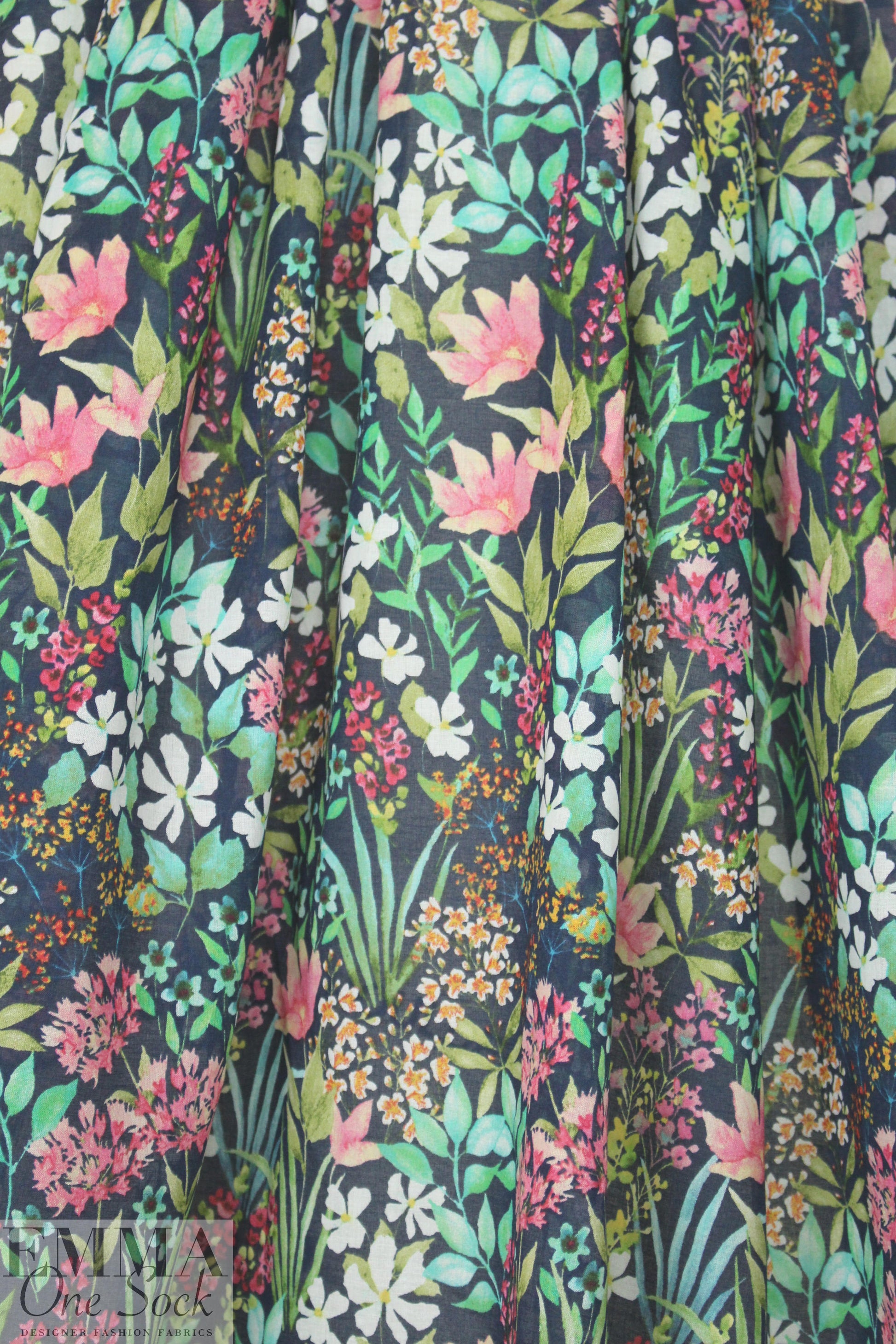 Italian backyard garden on navy cotton voile 1.5 yd