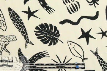 flora/fauna drapey viscose Oeko-Tex woven - black/cream
