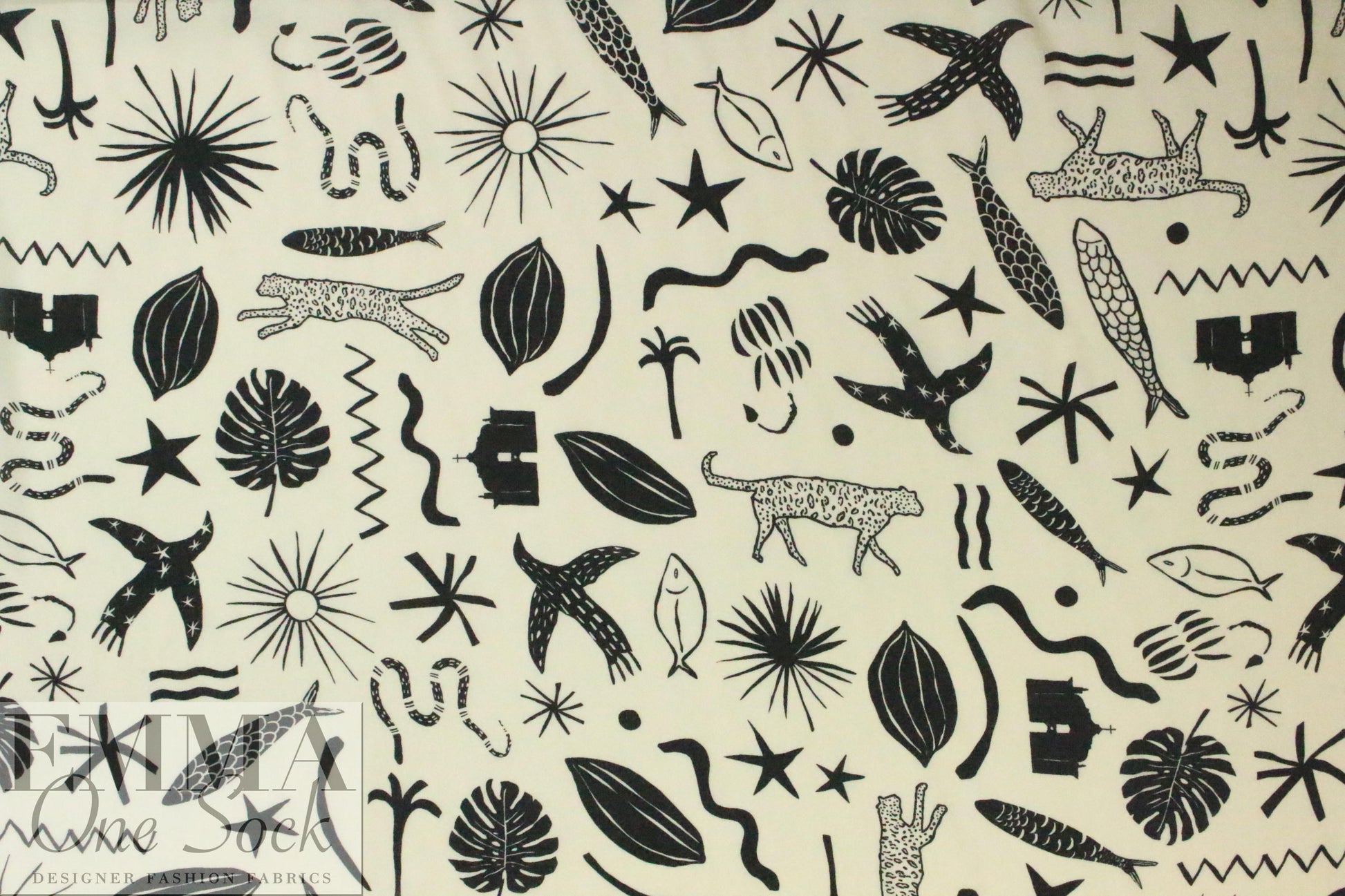 flora/fauna drapey viscose Oeko-Tex woven - black/cream