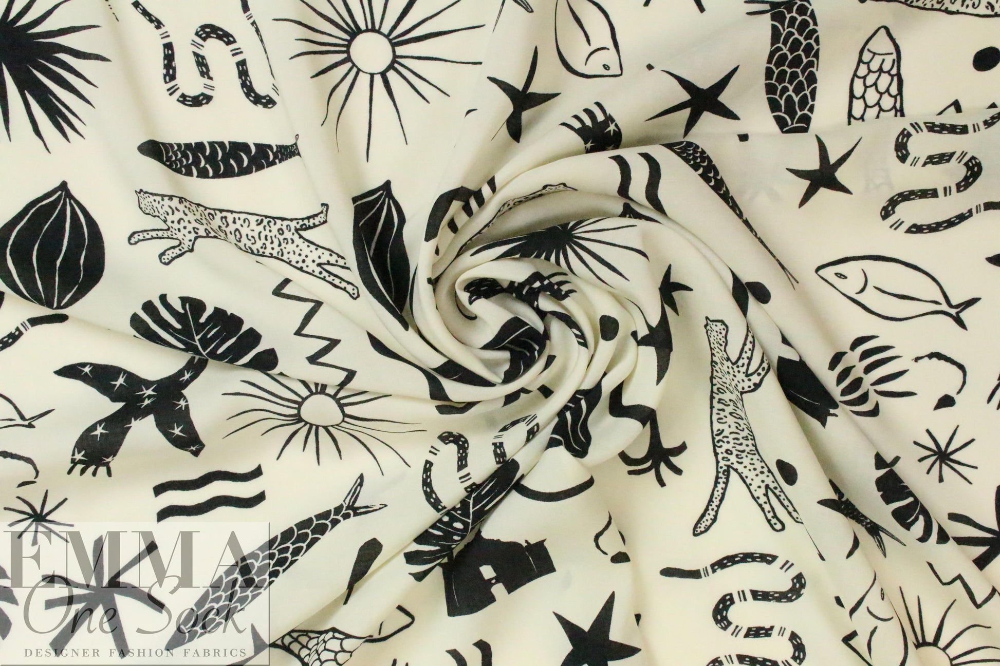 flora/fauna drapey viscose Oeko-Tex woven - black/cream 1 yard