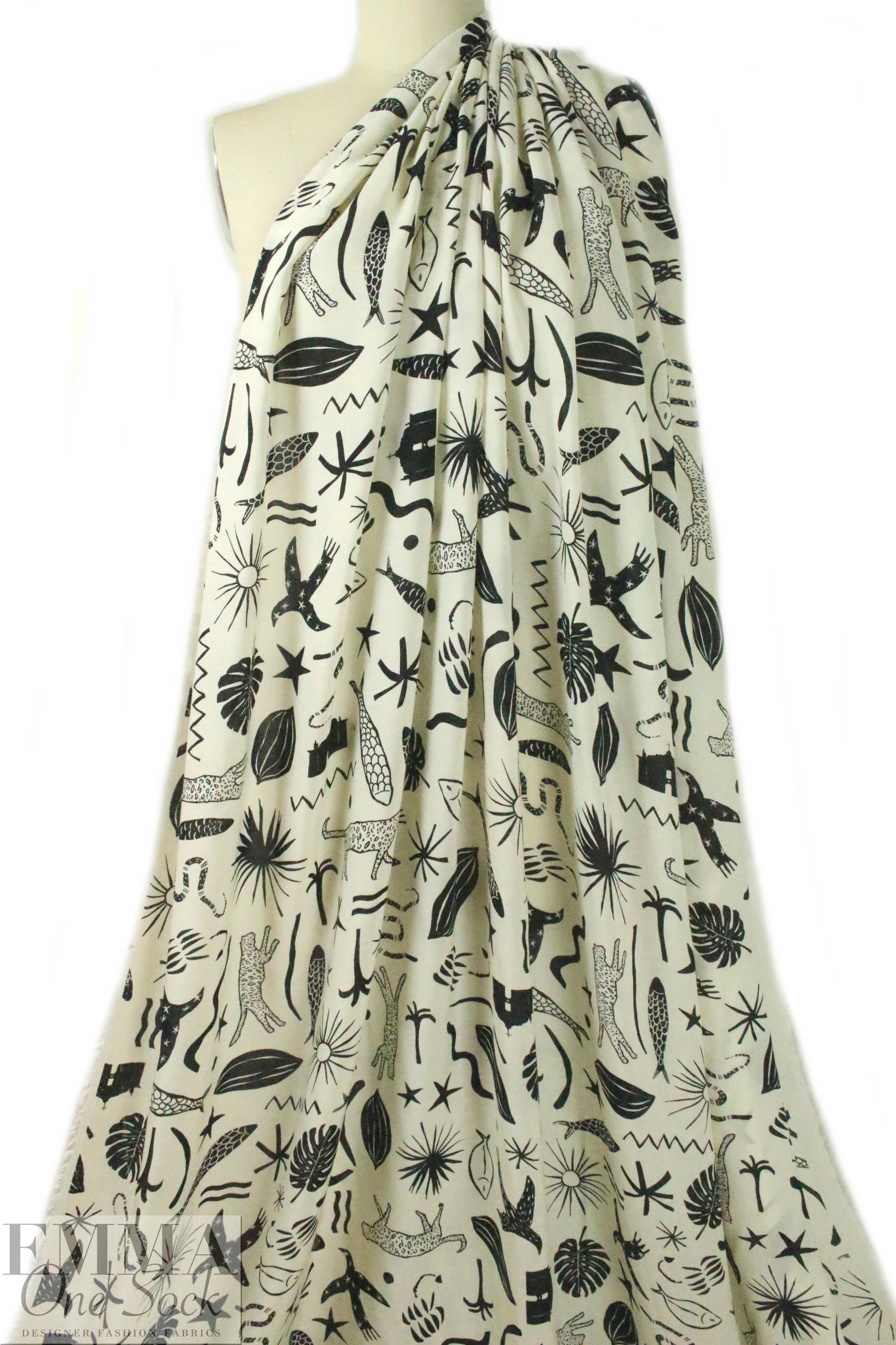 flora/fauna drapey viscose Oeko-Tex woven - black/cream