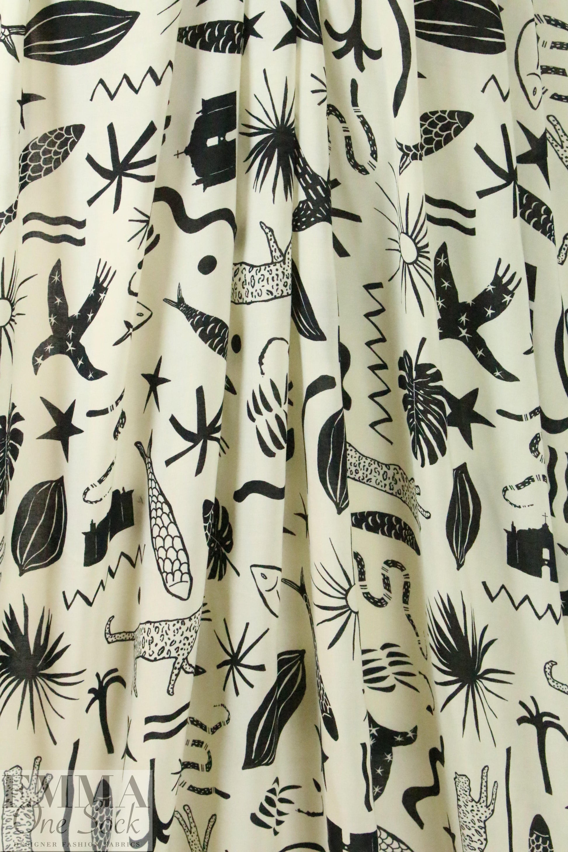 flora/fauna drapey viscose Oeko-Tex woven - black/cream