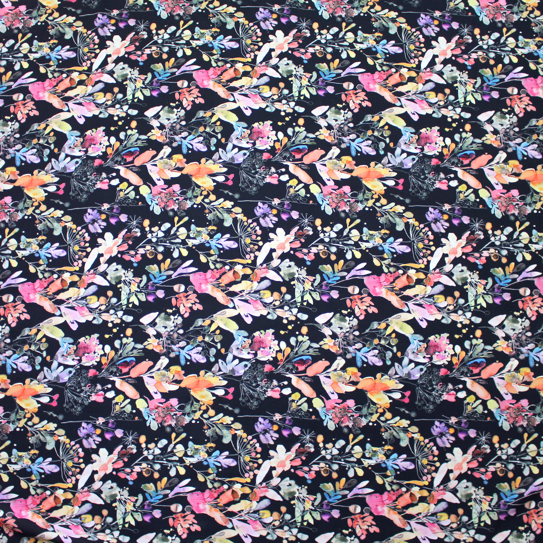 'rain garden' printed rayon poplin - jet black 1.5 yds