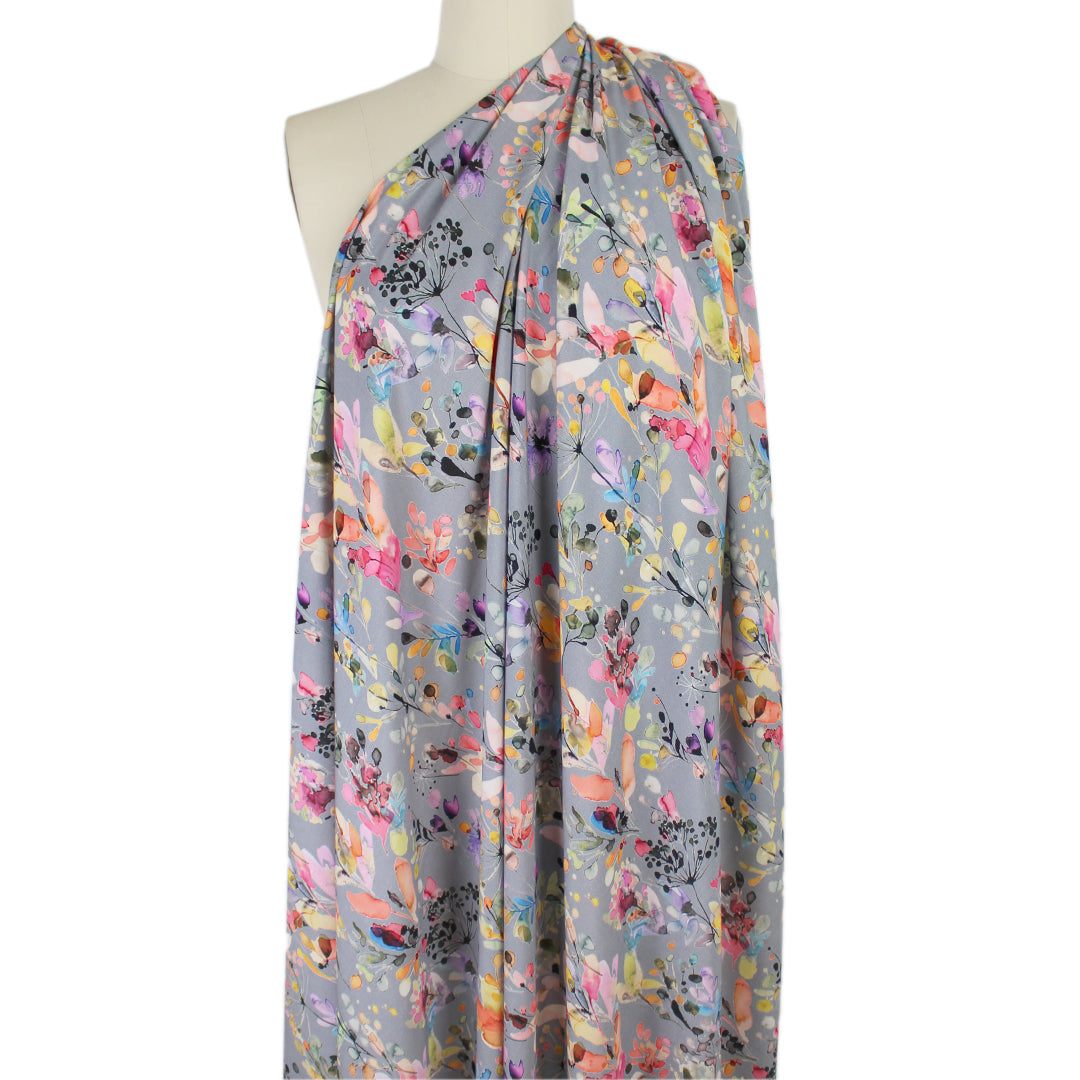 'rain garden' printed rayon poplin - cool gray 1.5 yds