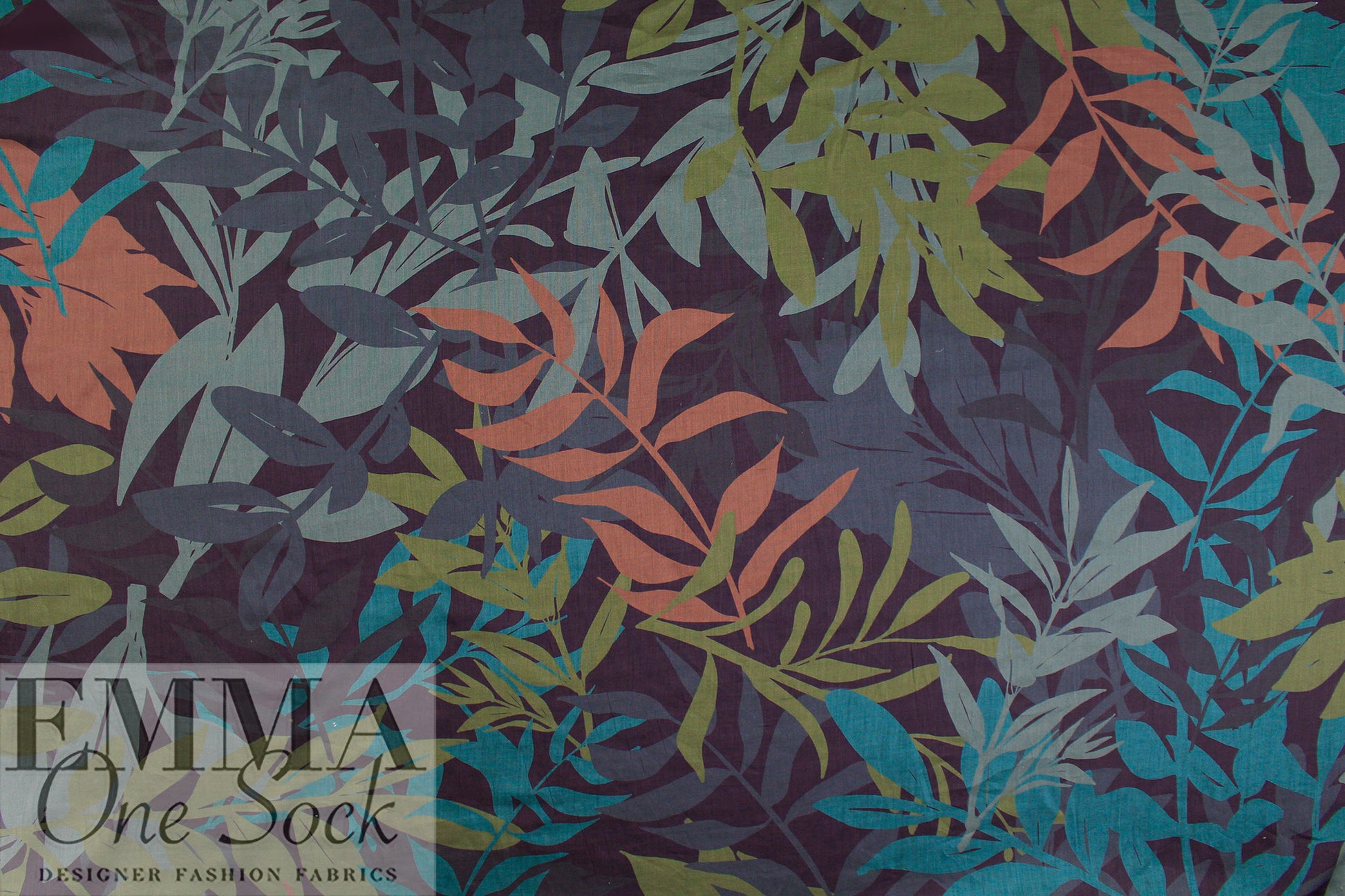 Italian 'field of leaves' cotton voile - olive/teal/light auburn 1.125 yds