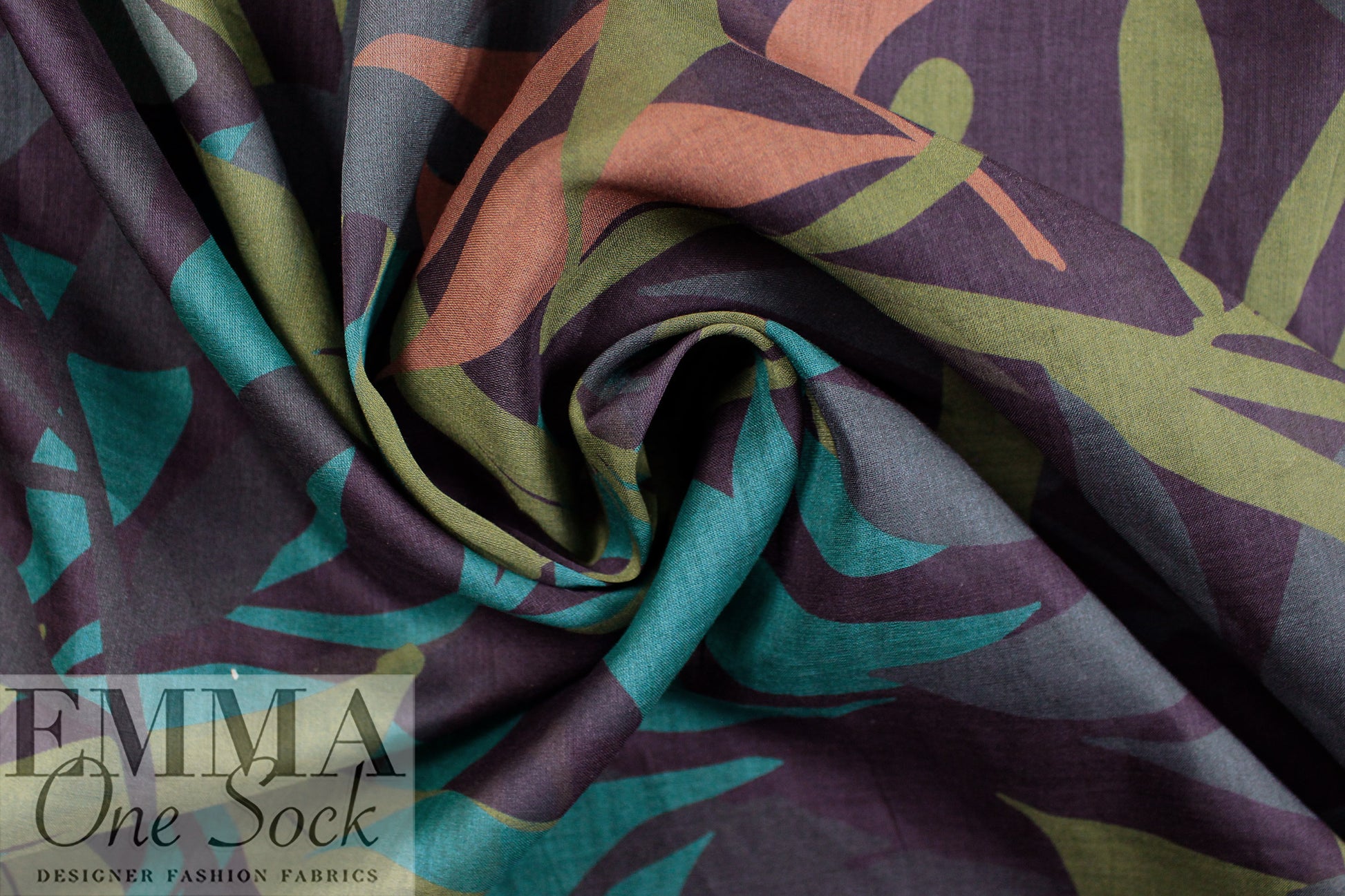 Italian 'field of leaves' cotton voile - olive/teal/light auburn 1.125 yds