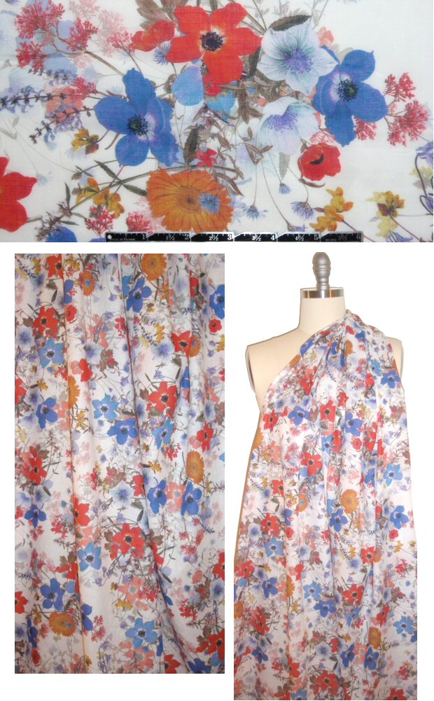 French digital cotton voile - wildflowers on white