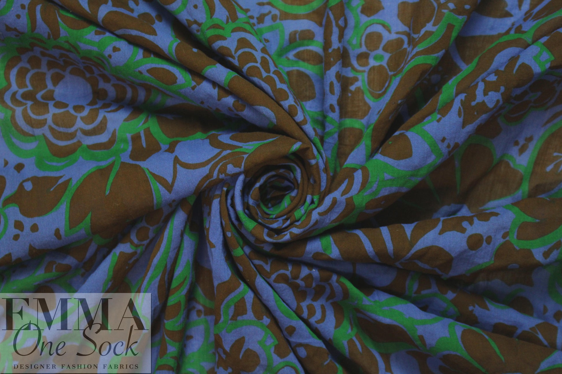 NY designer blue/kelly/nutmeg floral cotton stretch voile