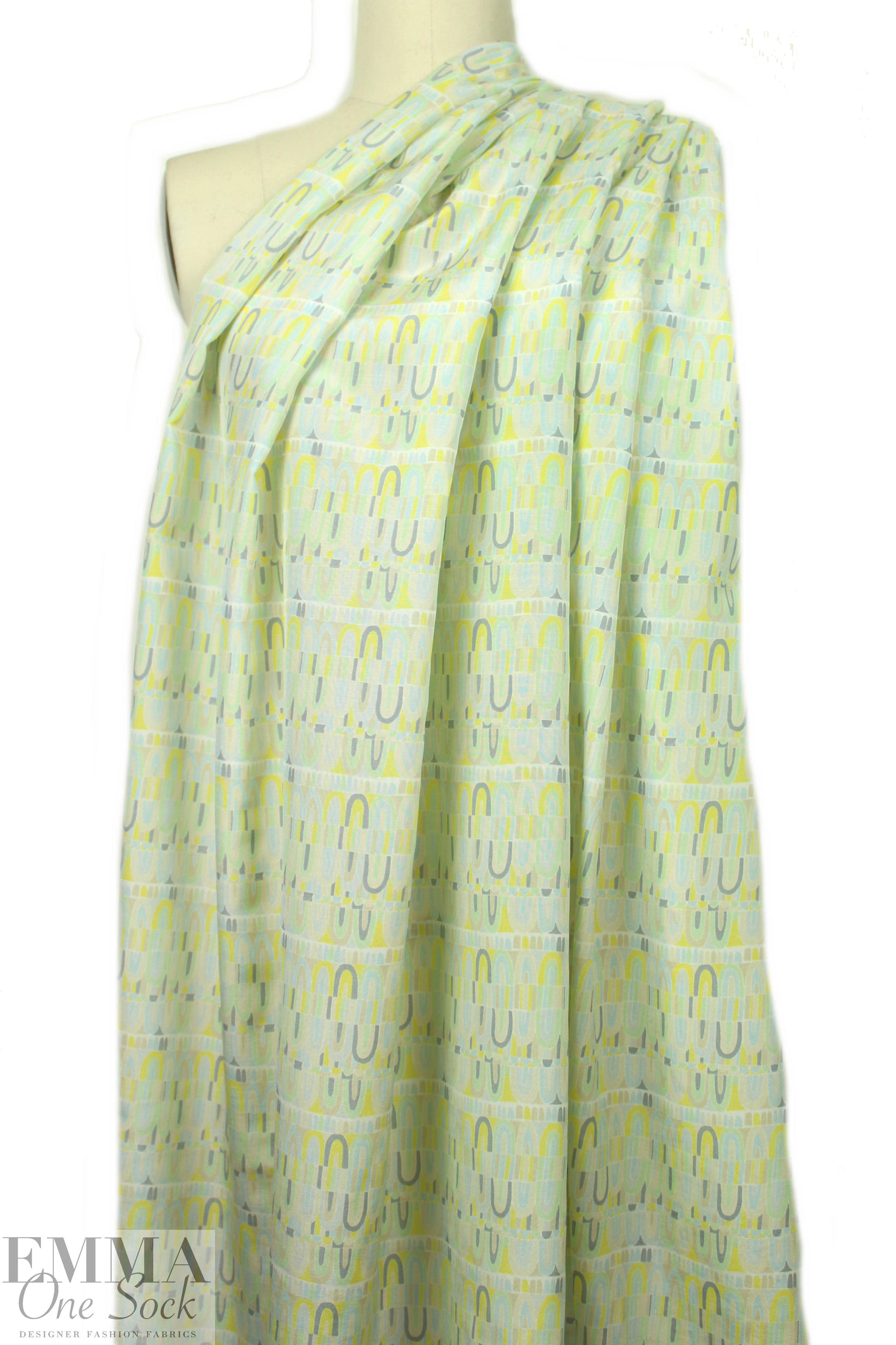NY designer lemon/mint shapes silk/cotton voile