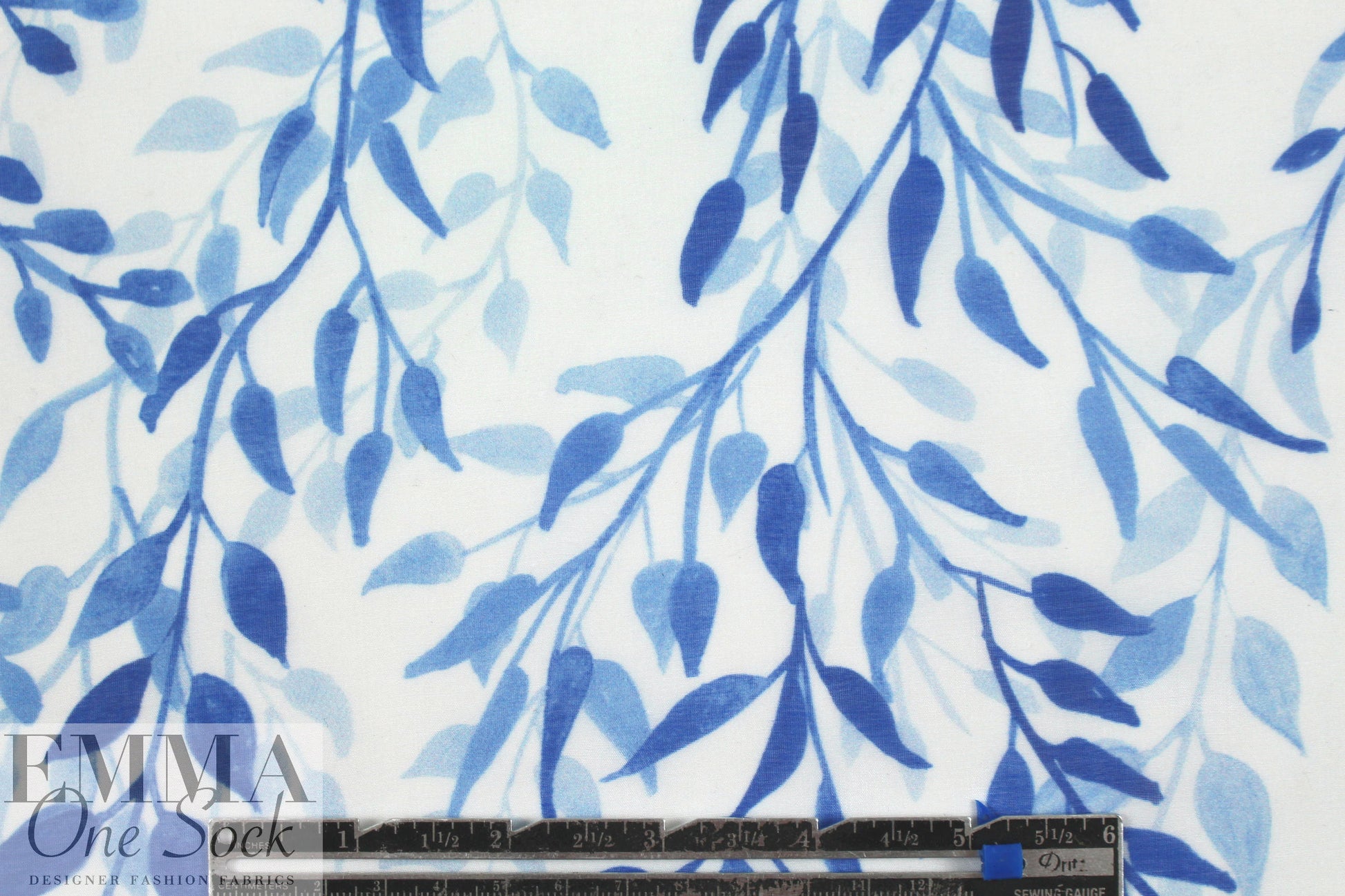 NY designer blue leaf silhouette cotton/silk voile