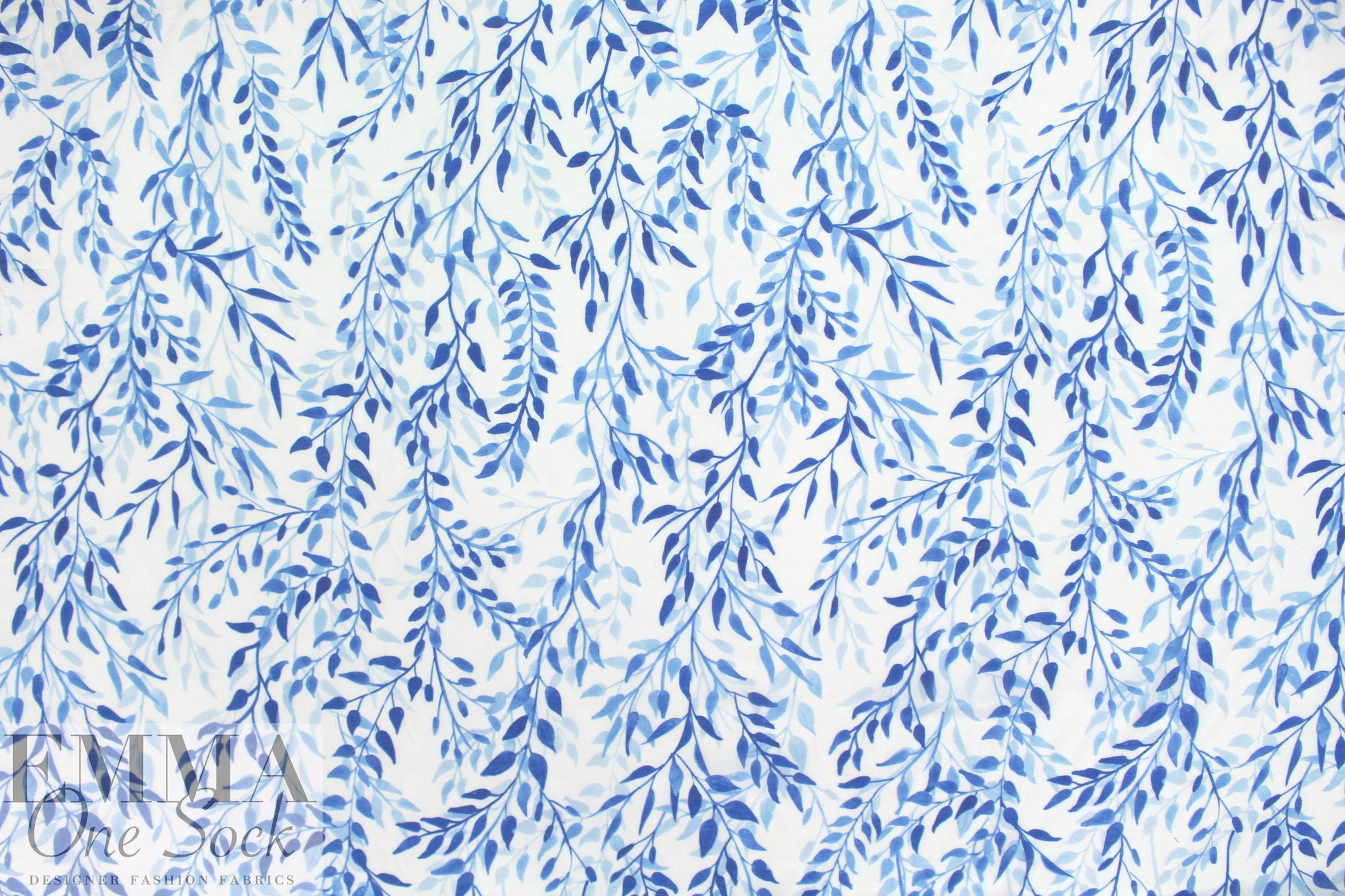 NY designer blue leaf silhouette cotton/silk voile