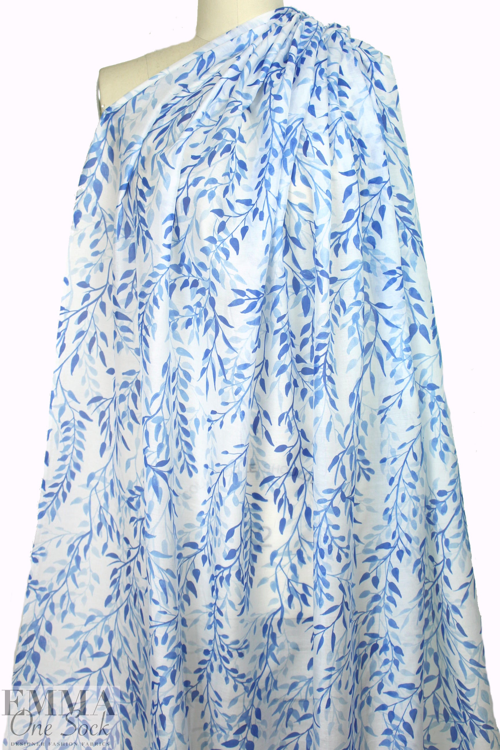 NY designer blue leaf silhouette cotton/silk voile