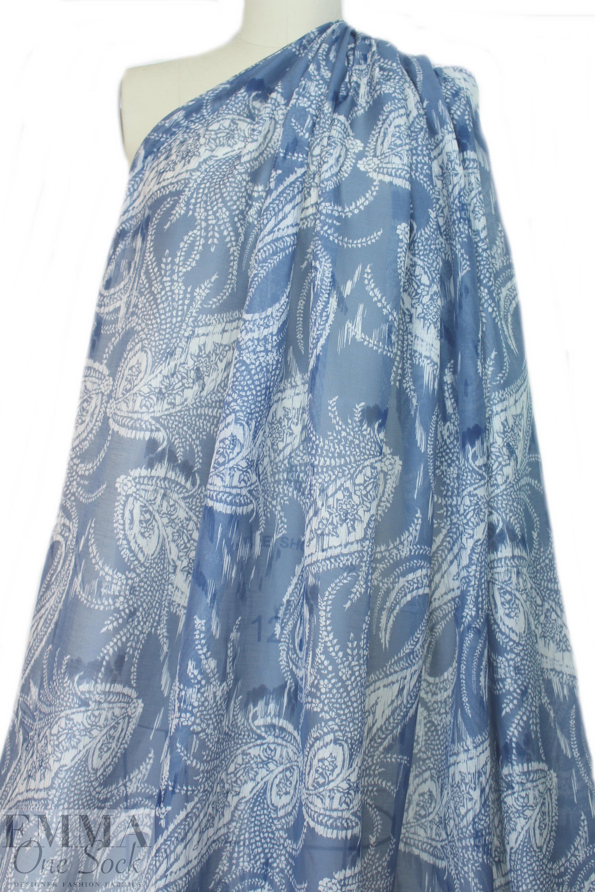 Italian denim/white paisley cotton/silk voile 2 yds