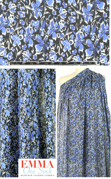 Tah@ri blue/black/white floral silk/cotton voile 2 yds