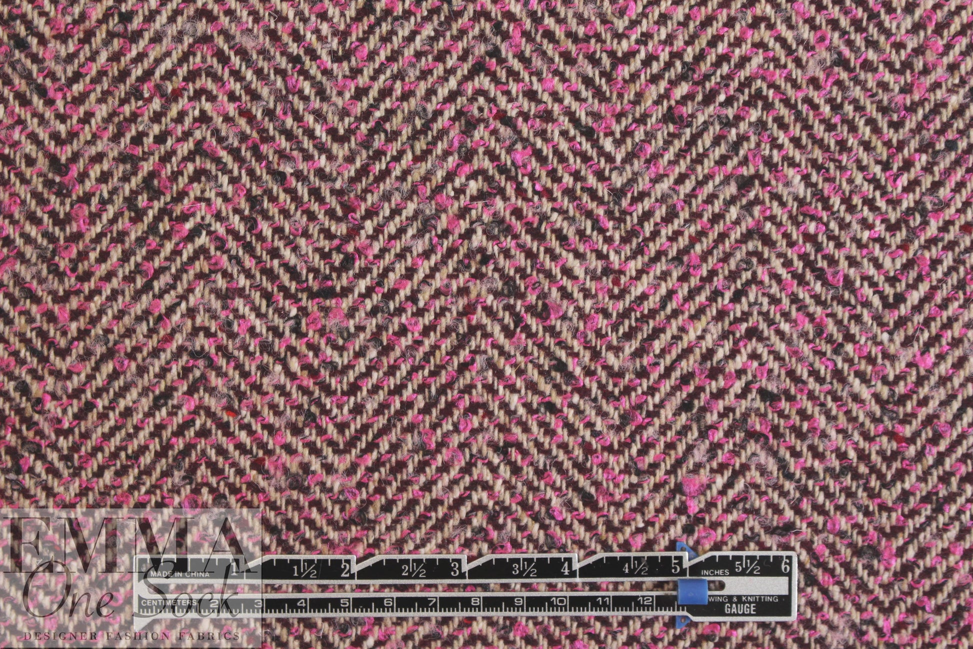 designer pink/chocolate wool blend herringbone woven 2.75 yd