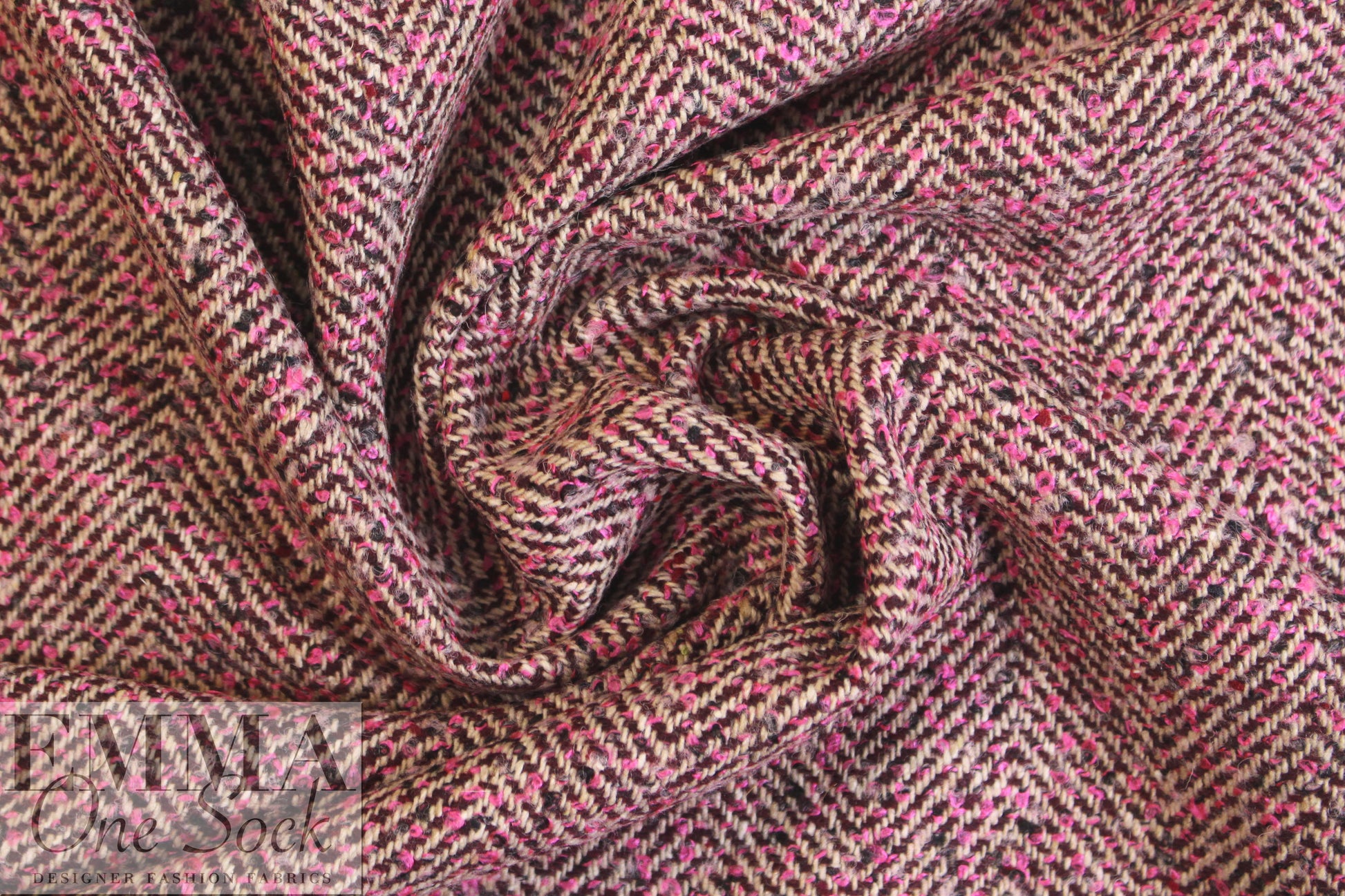 designer pink/chocolate wool blend herringbone woven 2.75 yd