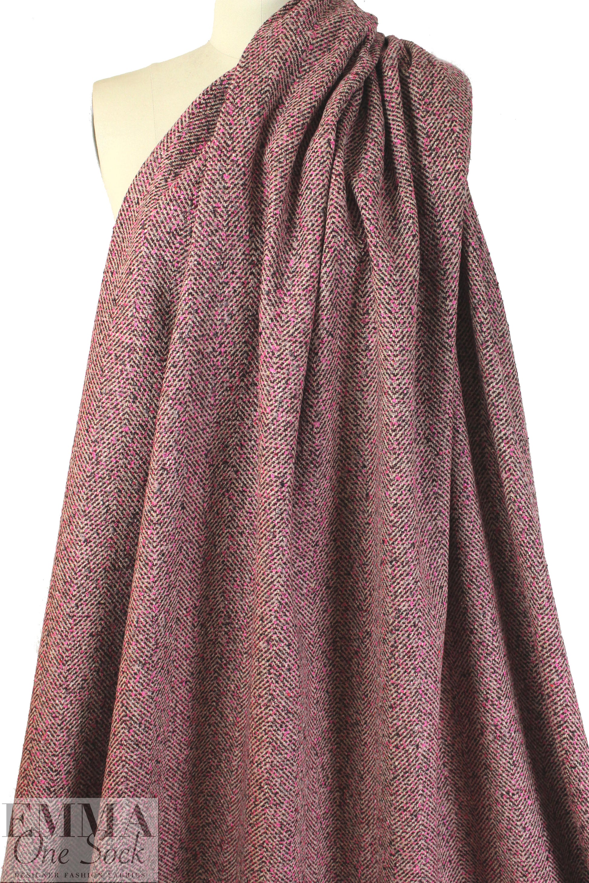 designer pink/chocolate wool blend herringbone woven 2.75 yd