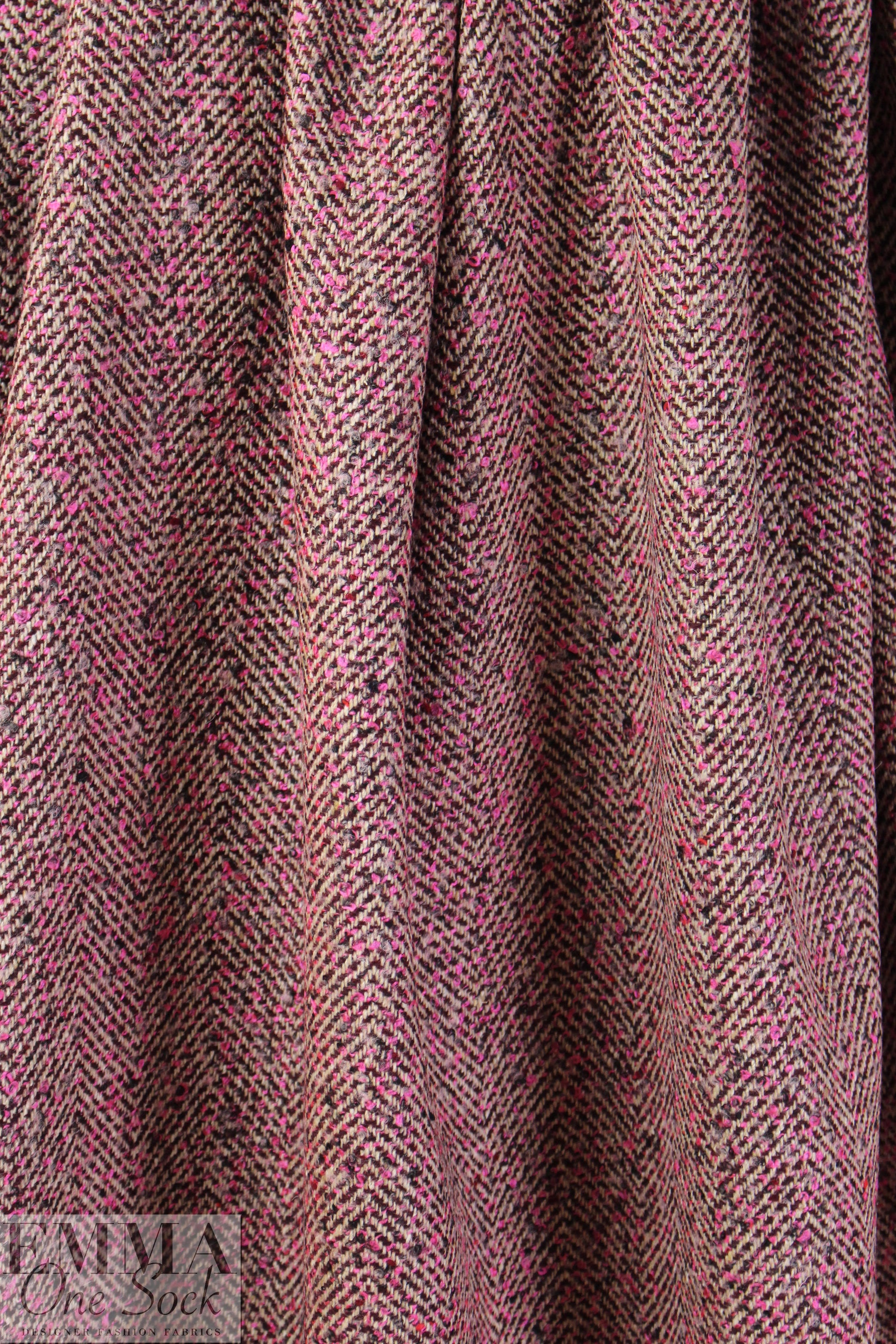 designer pink/chocolate wool blend herringbone woven