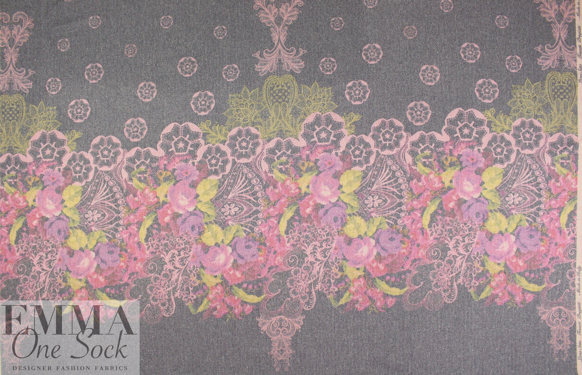 Italian floral motif printed wool blend herringbone 1 yard, Partial Panel