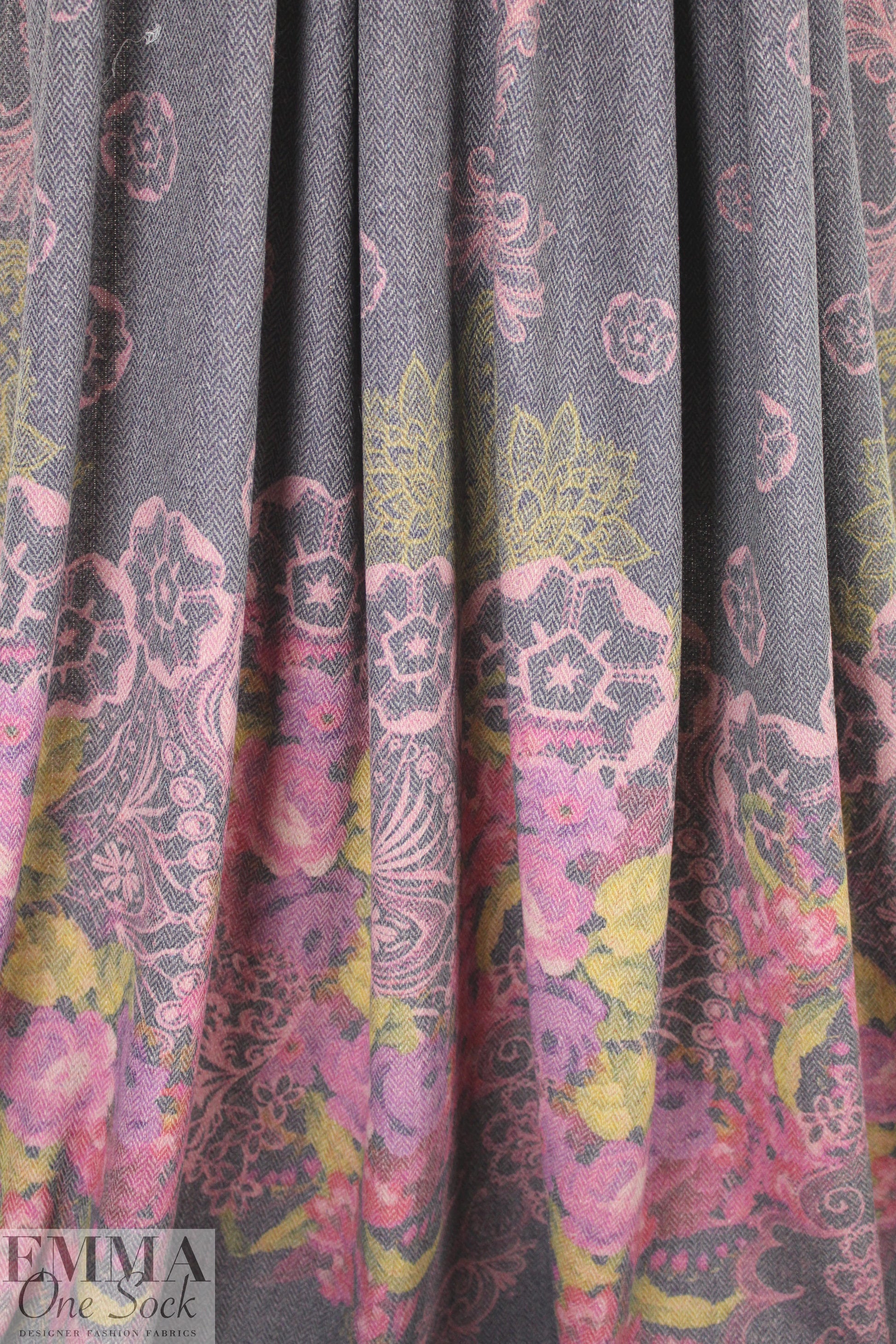 Italian floral motif printed wool blend herringbone 1 yard
