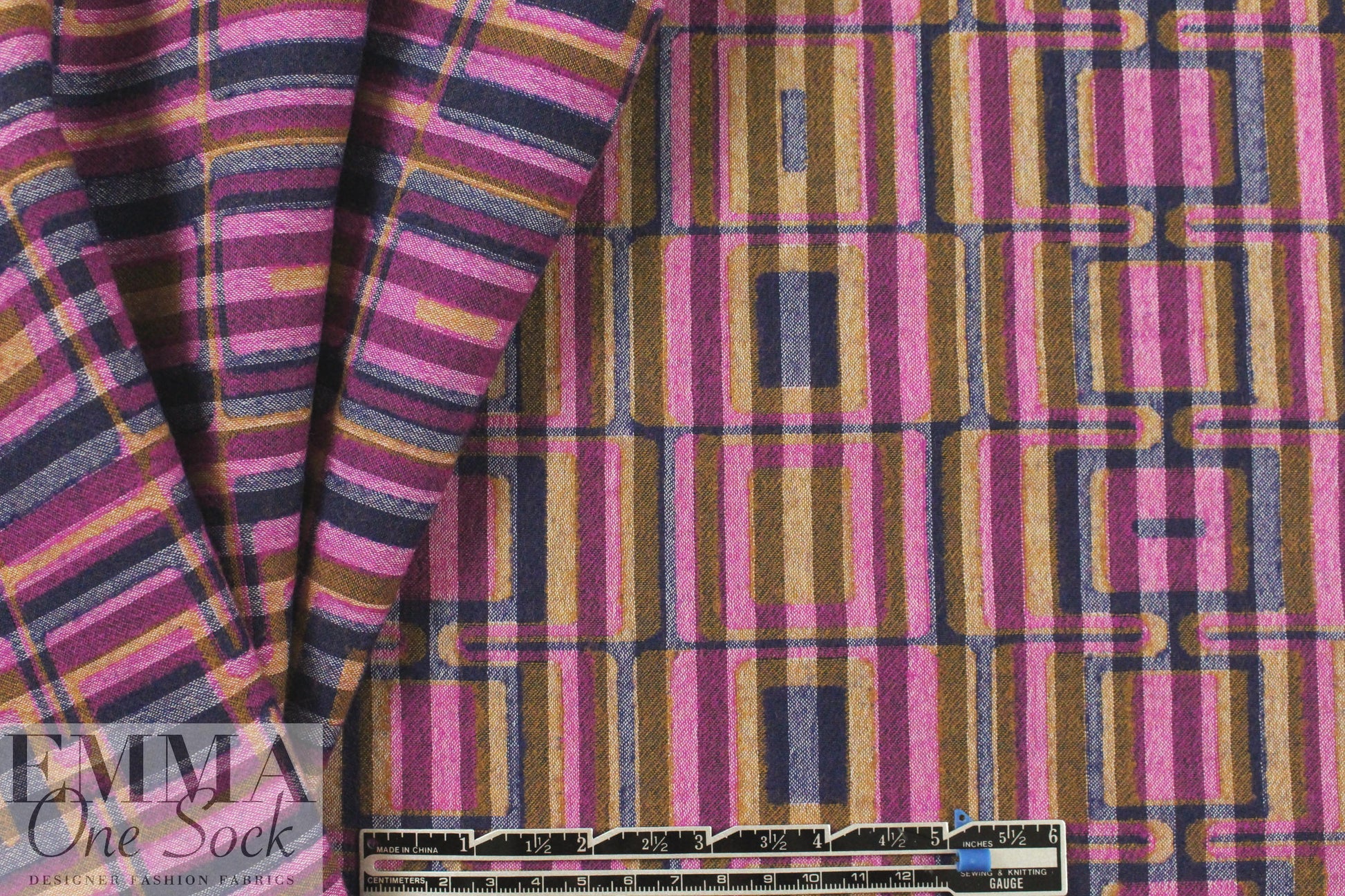 Italian mod graphic wool suiting - fuschia/denim