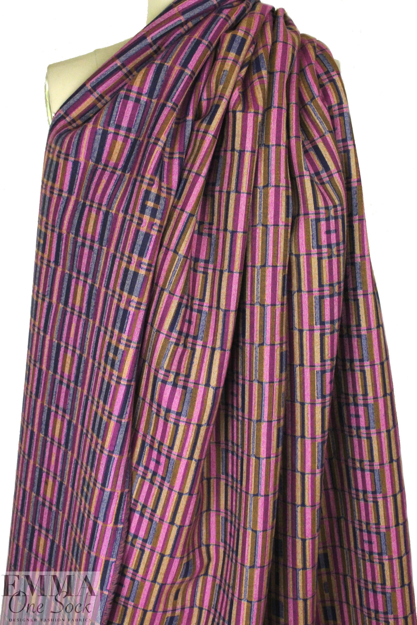 Italian mod graphic wool suiting - fuschia/denim