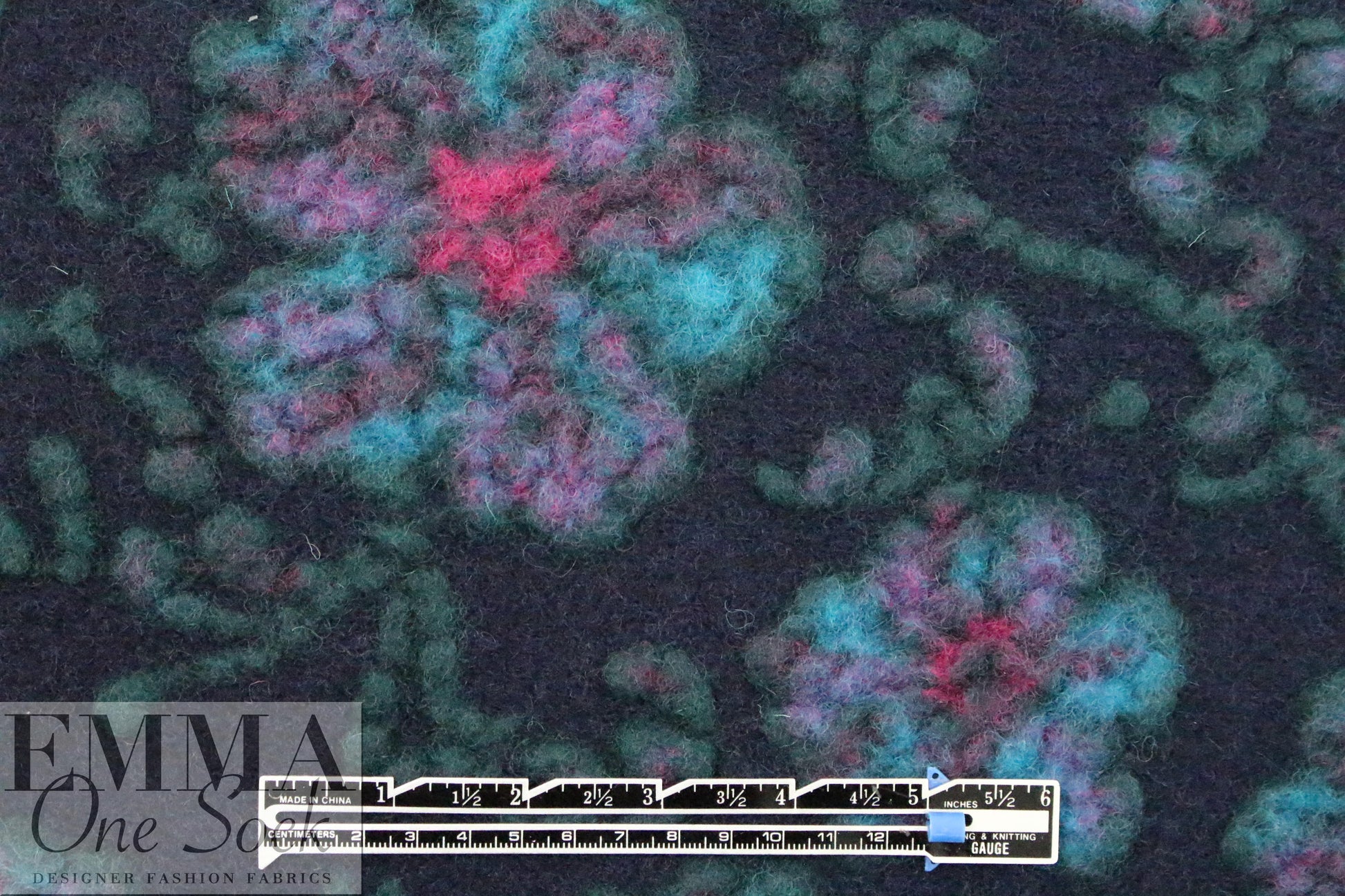 Italian textured navy/teal floral wool fleece knit
