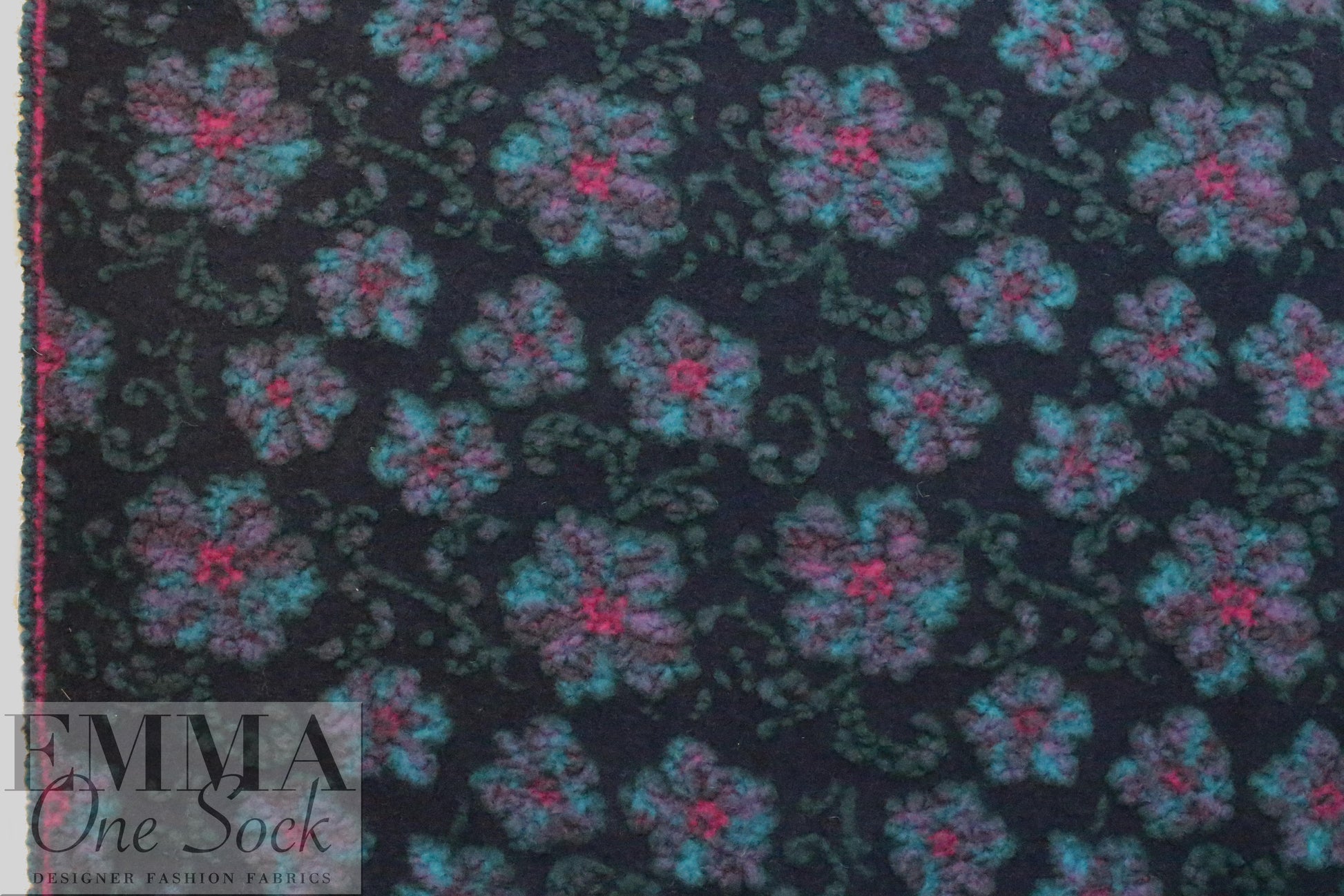 Italian textured navy/teal floral wool fleece knit