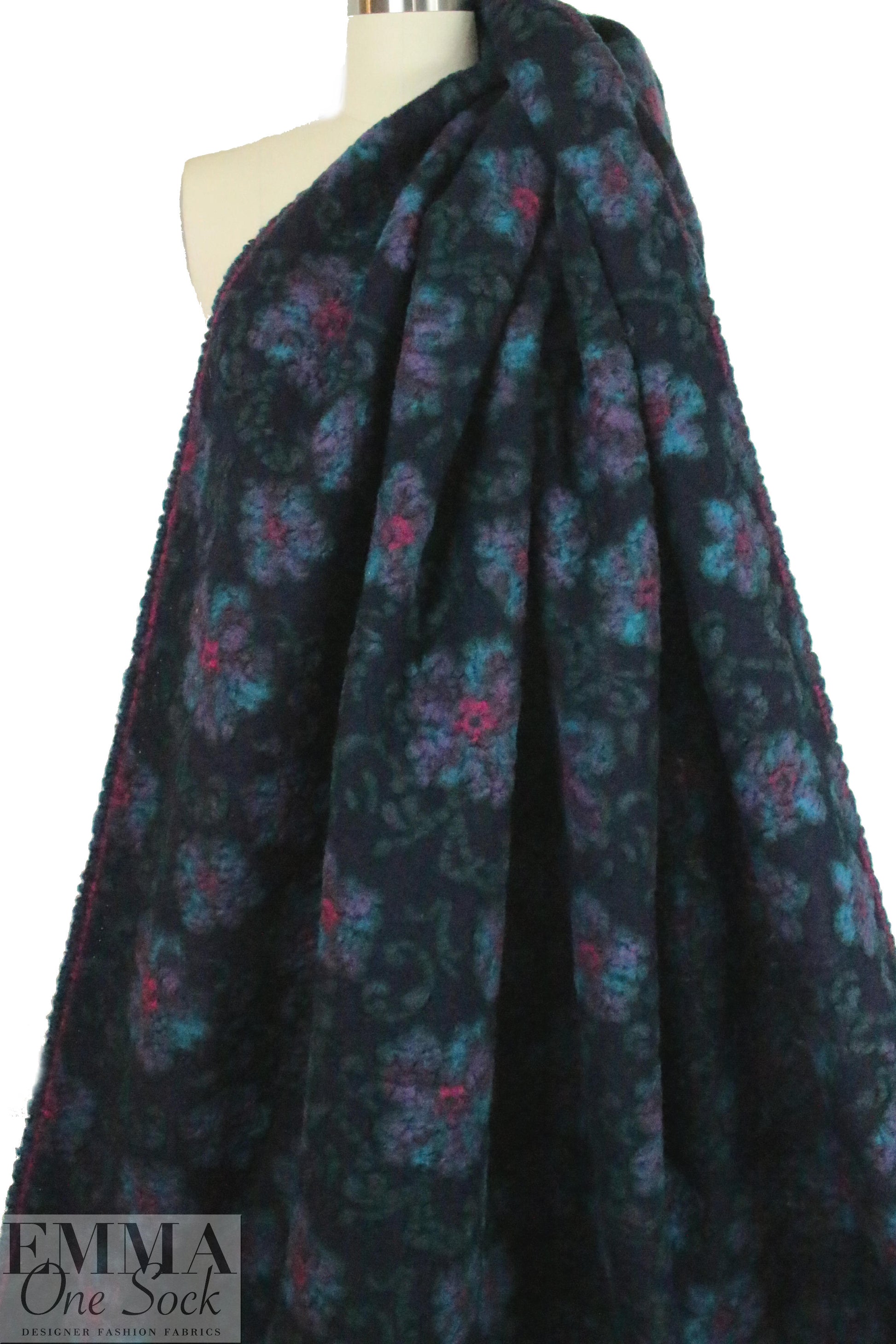 Italian textured navy/teal floral wool fleece knit