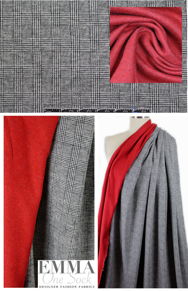 Italian reversible knit - glen plaid/ red