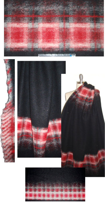 Italian wool fleece panel - black with plaid border