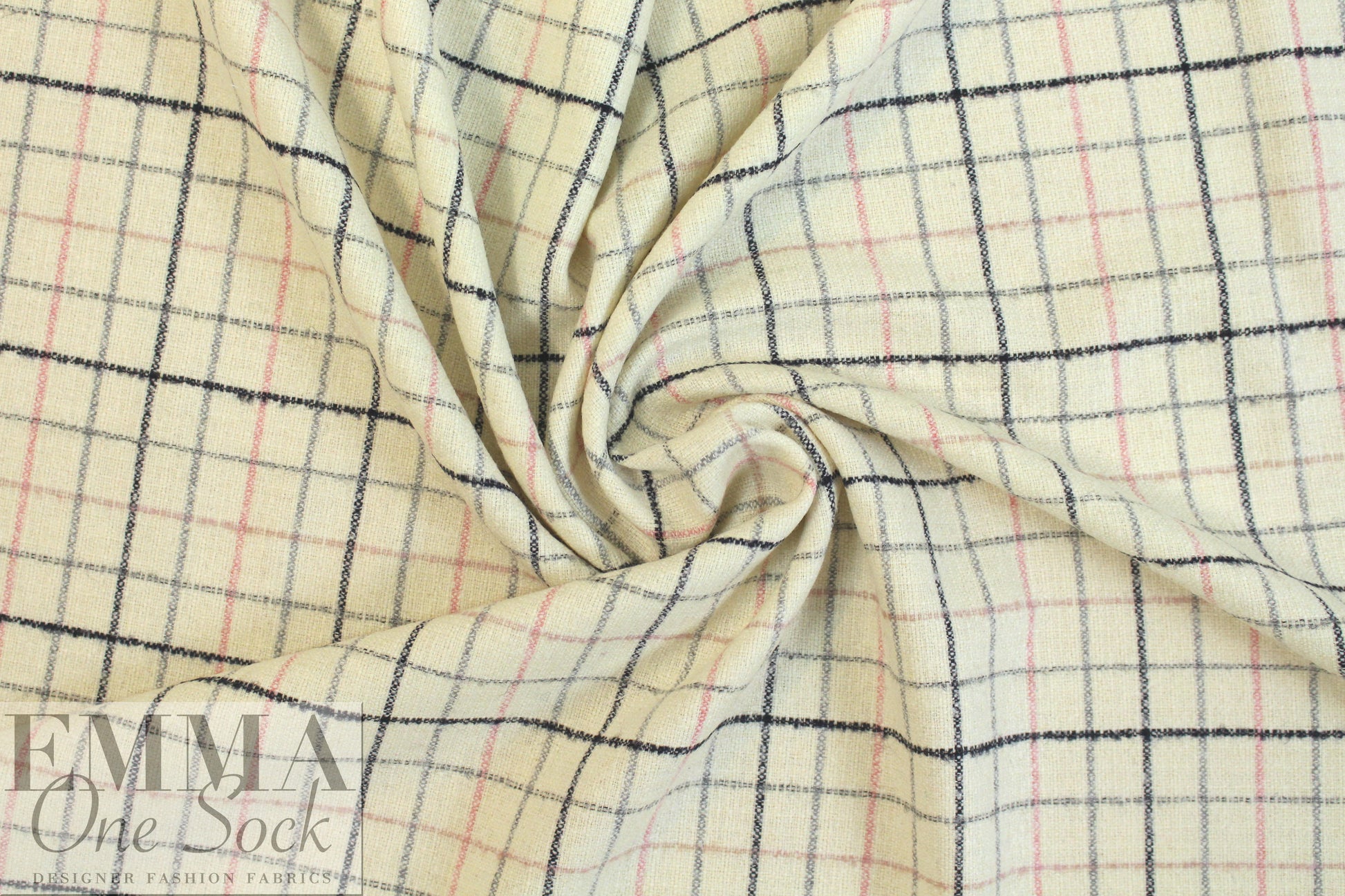 Italian pink/gray/cream wool blend stretch windowpane suiting