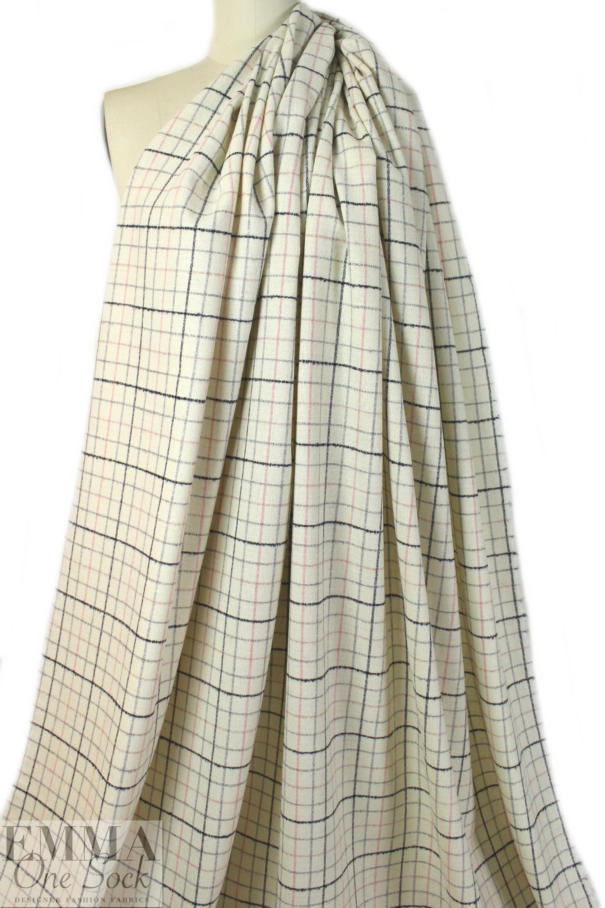 Italian pink/gray/cream wool blend stretch windowpane suiting