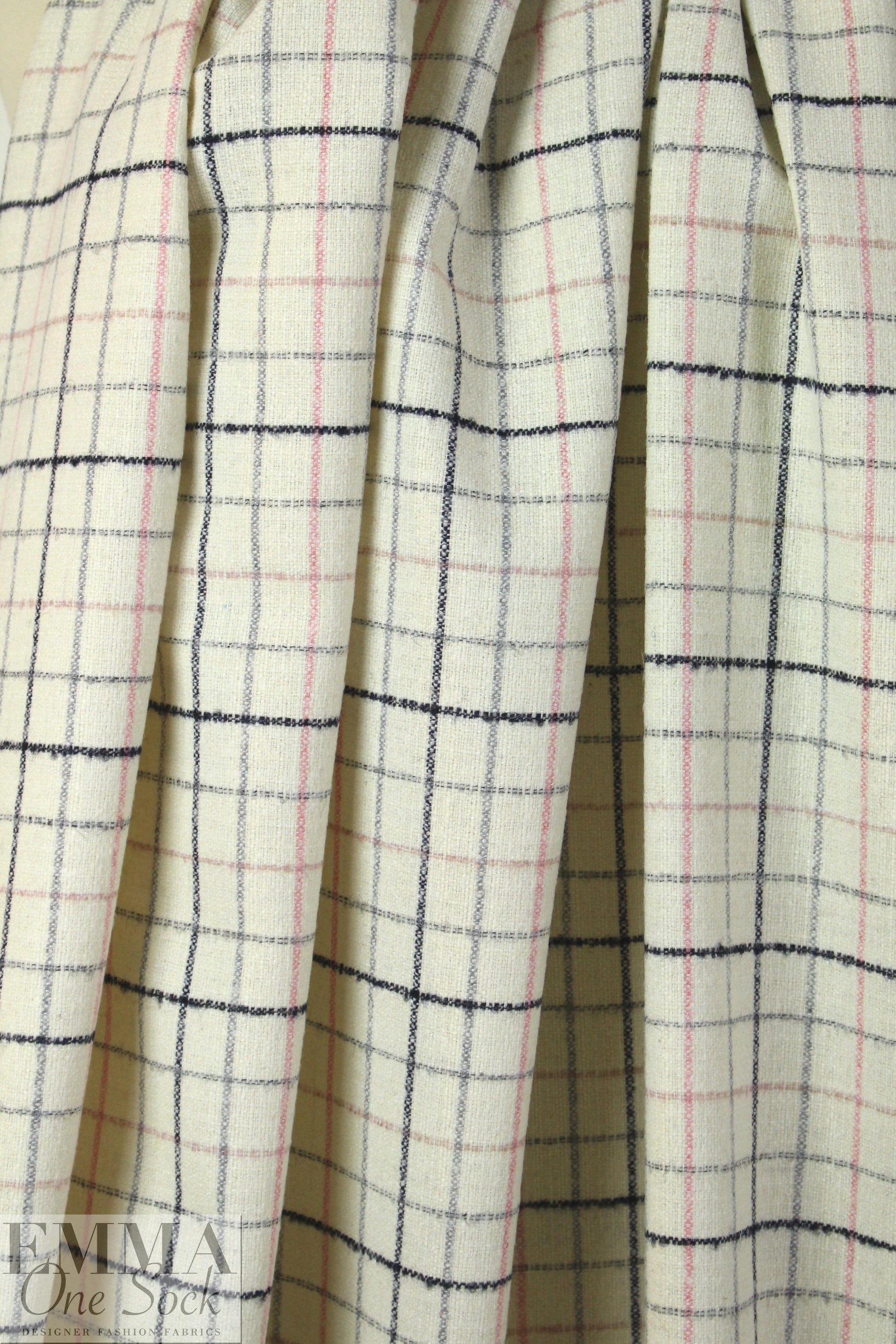 Italian pink/gray/cream wool blend stretch windowpane suiting 1.66 yd