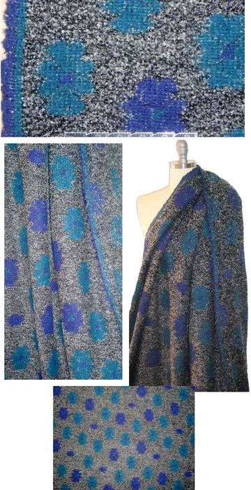 Italian blue/teal/salt/pepper floral wool boucle' 1.75 yds
