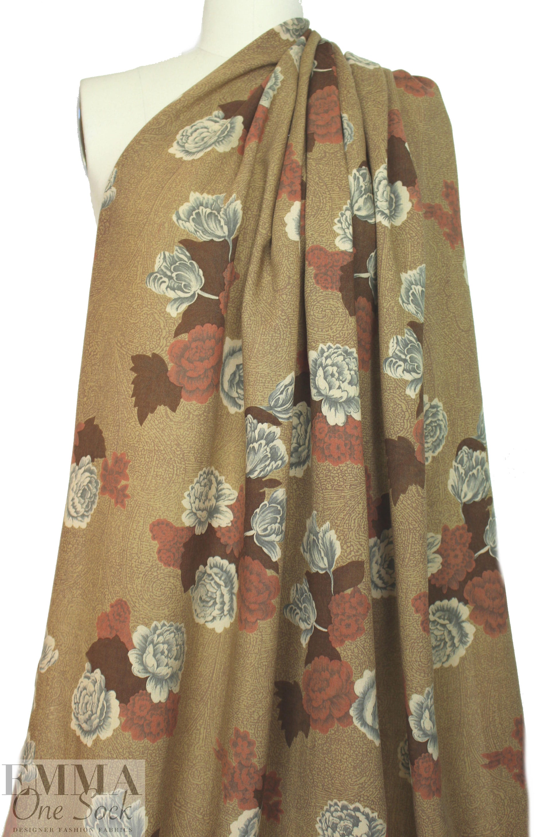 NY designer vintage earthy floral wool challis