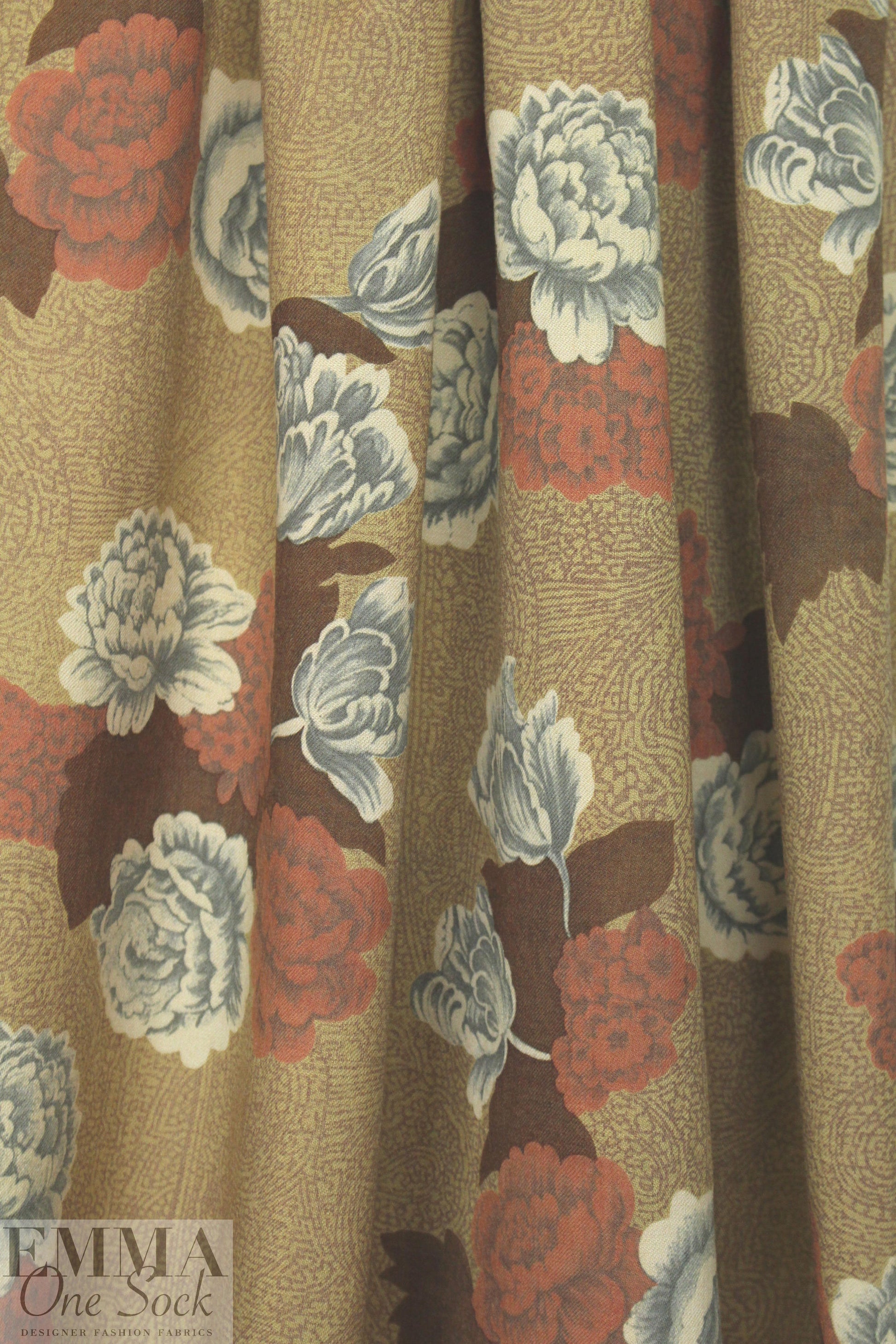 NY designer vintage earthy floral wool challis