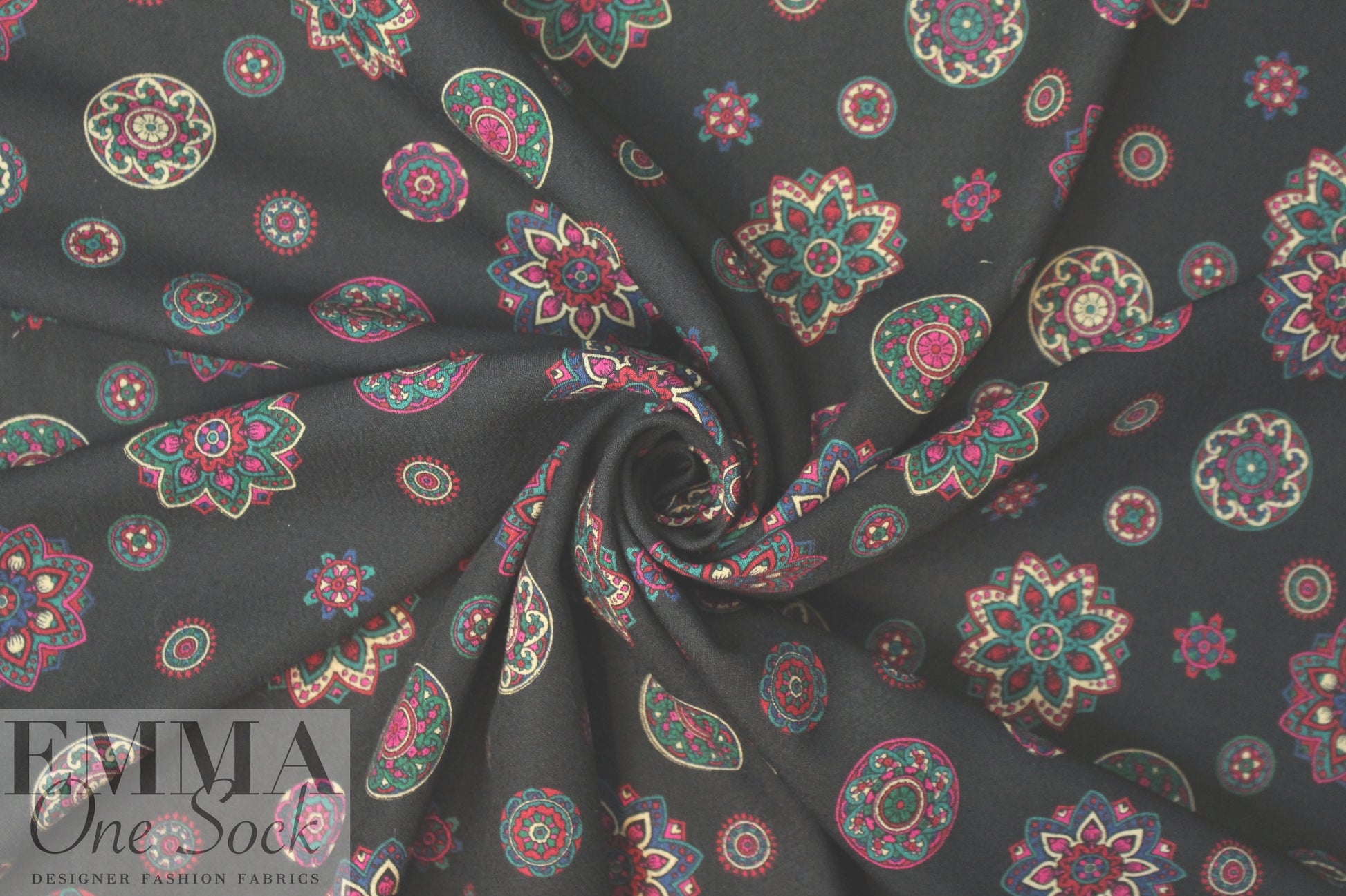 NY designer magenta/teal vintage medallion wool challis