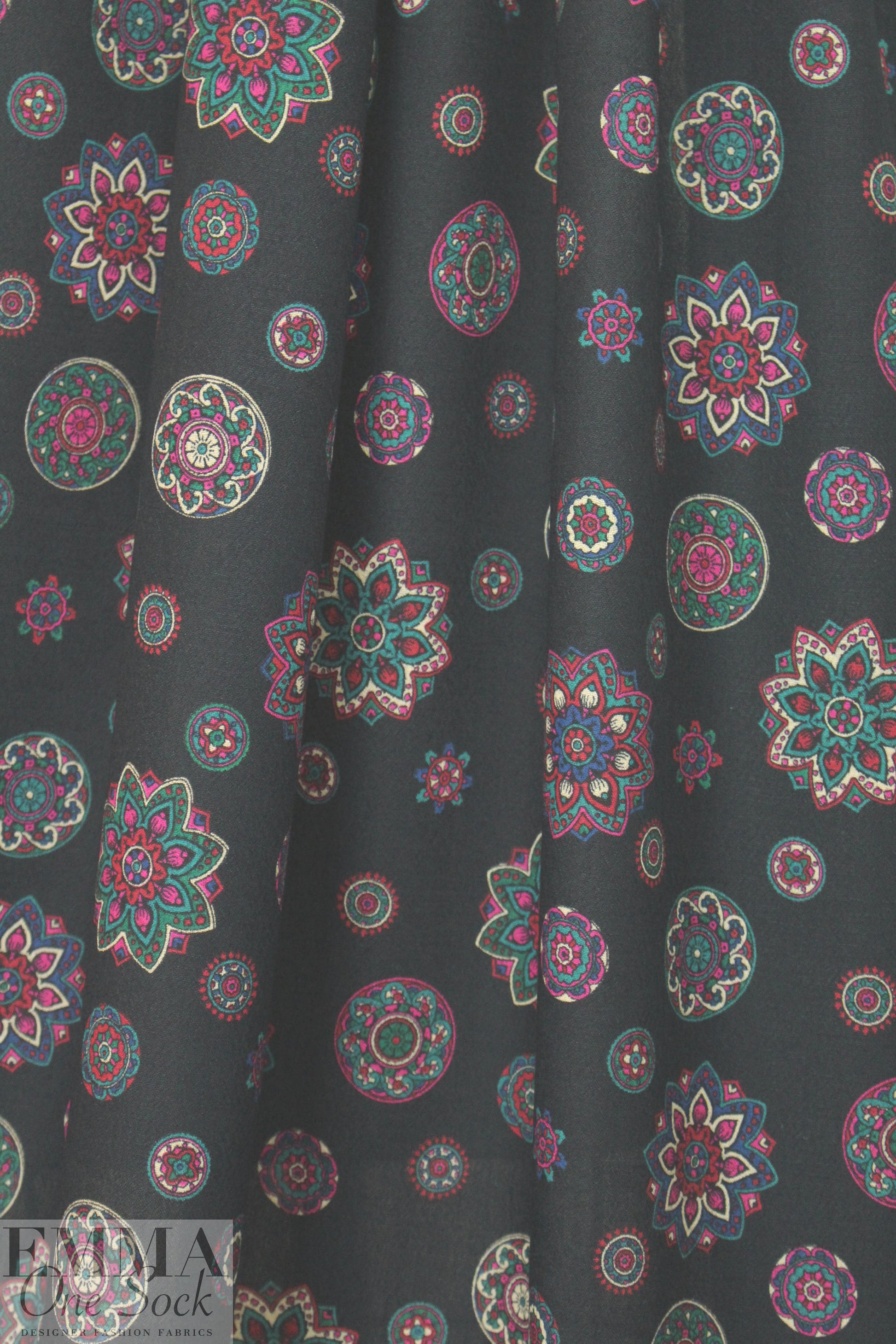 NY designer magenta/teal vintage medallion wool challis .66 yds