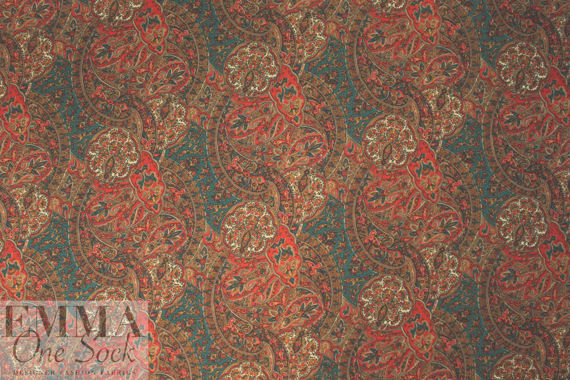 NY designer garnet/pine vintage paisley wool challis