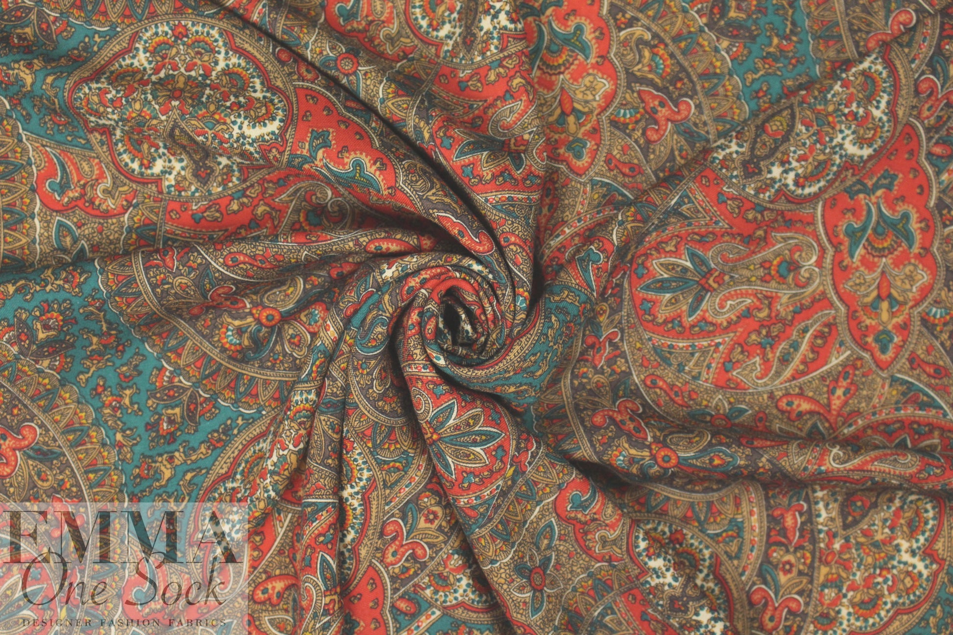 NY designer garnet/pine vintage paisley wool challis .75 yds